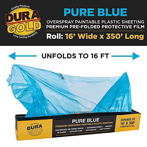 Dura-Gold 16' x 350' Roll of Pure Blue Premium Overspray Paintable Plastic Sheeting- 10 Micron, 0.4 mil, Protective Masking Film Cover- Auto Car