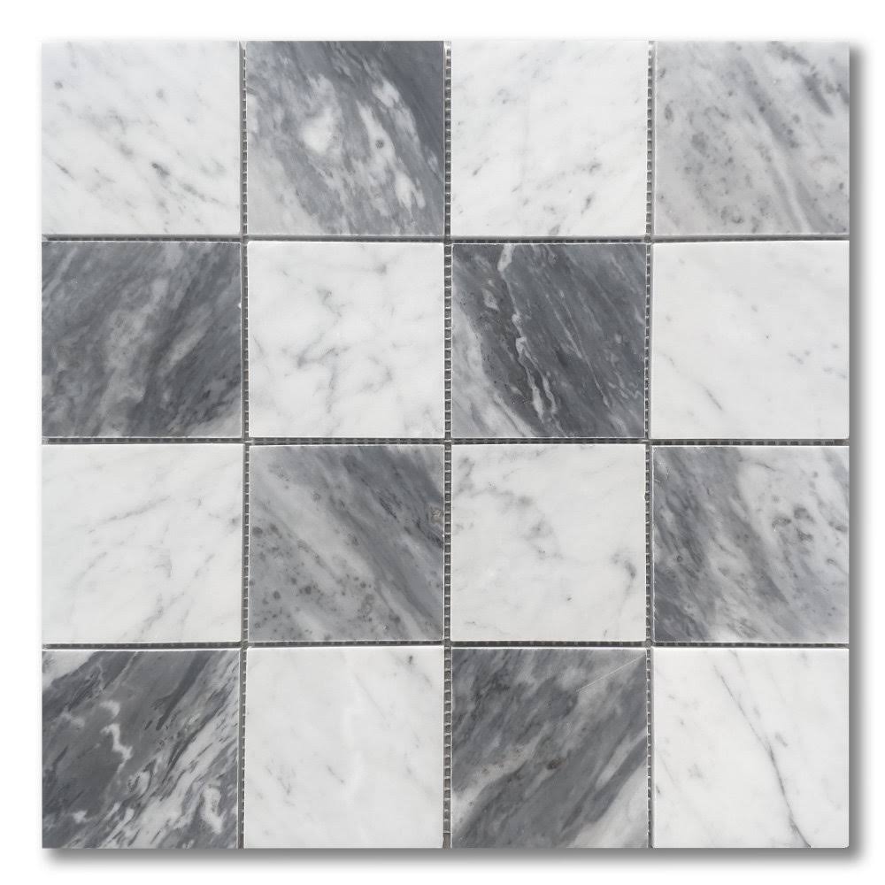 3x3 Checkerboard Carrara White Bardiglio Gray Marble Mosaic Tile Honed