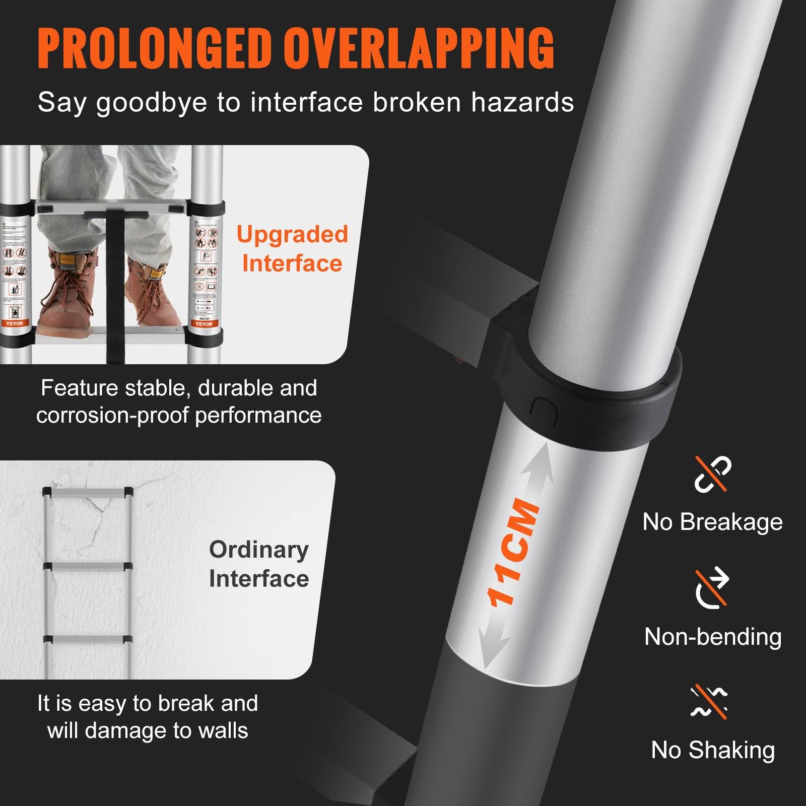 VEVOR Telescoping Ladder 10.5ft 12.5ft & 15 ft Aluminum One-Button Retraction Extension Ladder 375lbs 400lbs Capacity- 10.5 ft