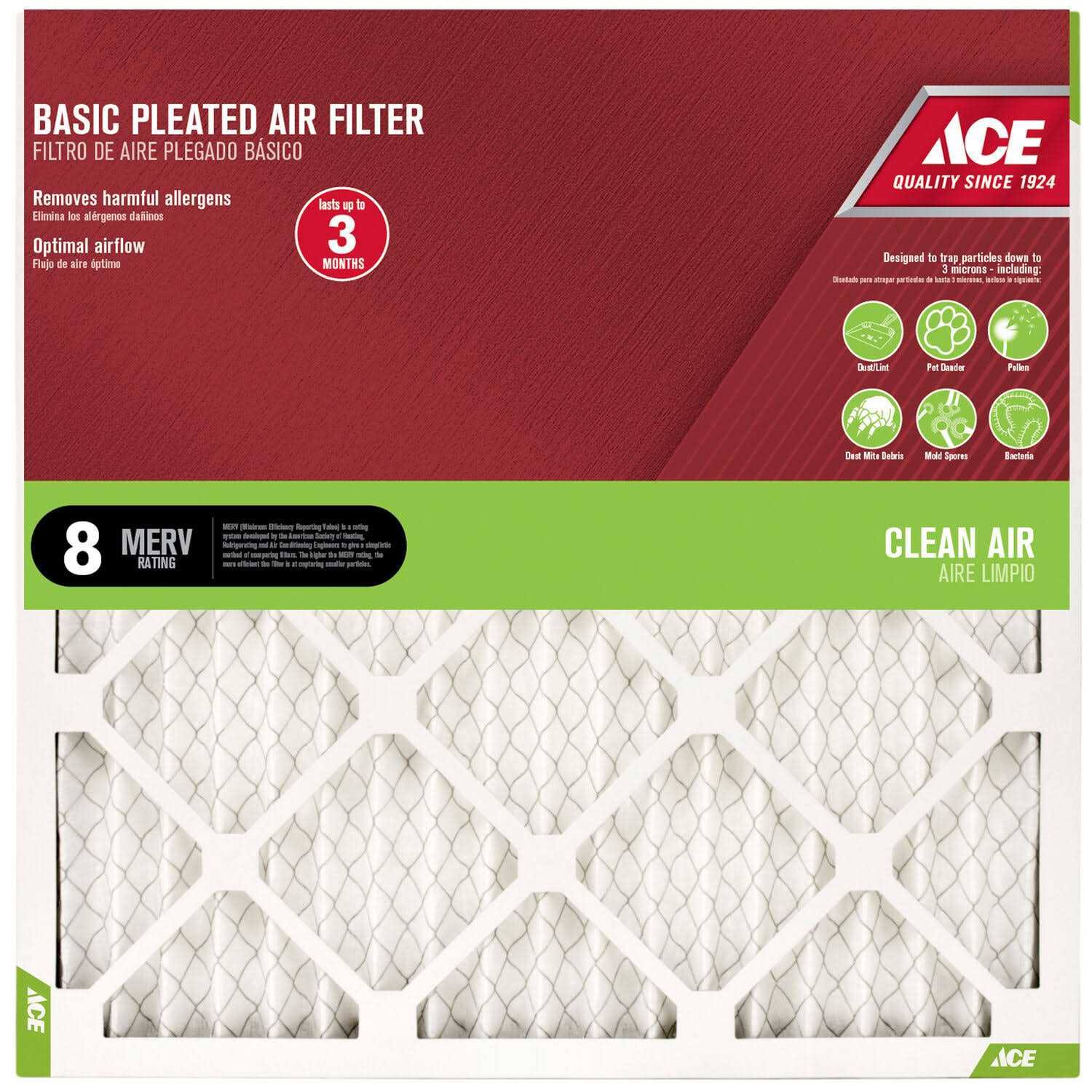 Ace 20 in. W x 25 in. H x 1 in. D Cotton 8 MERV Pleated Air Filter