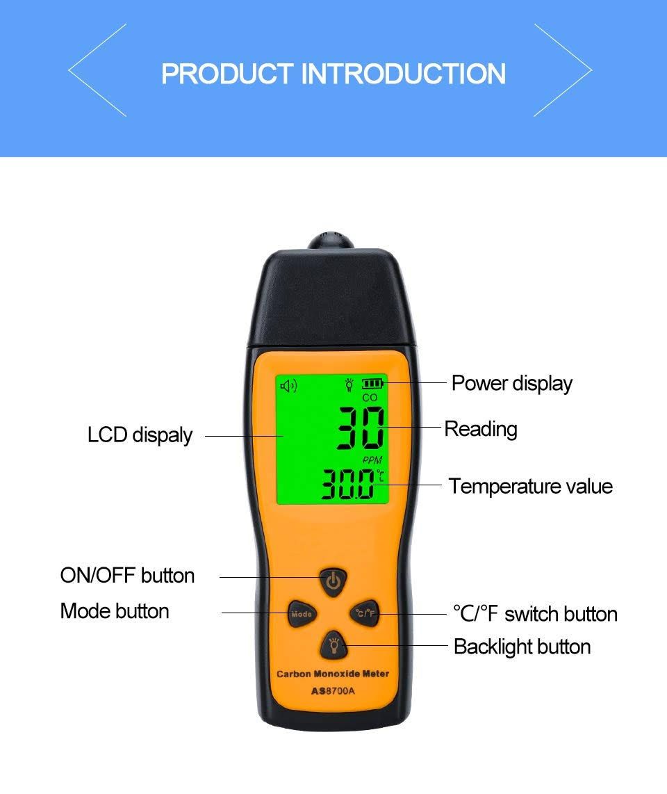 Cheffort Handheld Carbon Monoxide Meter Portable Co GAS Detector GAS Tester with 0~1000ppm Range 1ppm Resolution(battery Not Included), Orange + Bla