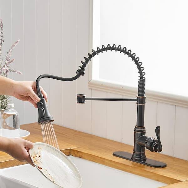 BWE Single-Handle Pull-Down Sprayer 3 Spray High Arc Kitchen Faucet with Deck Plate in Oil Rubbed Bronze