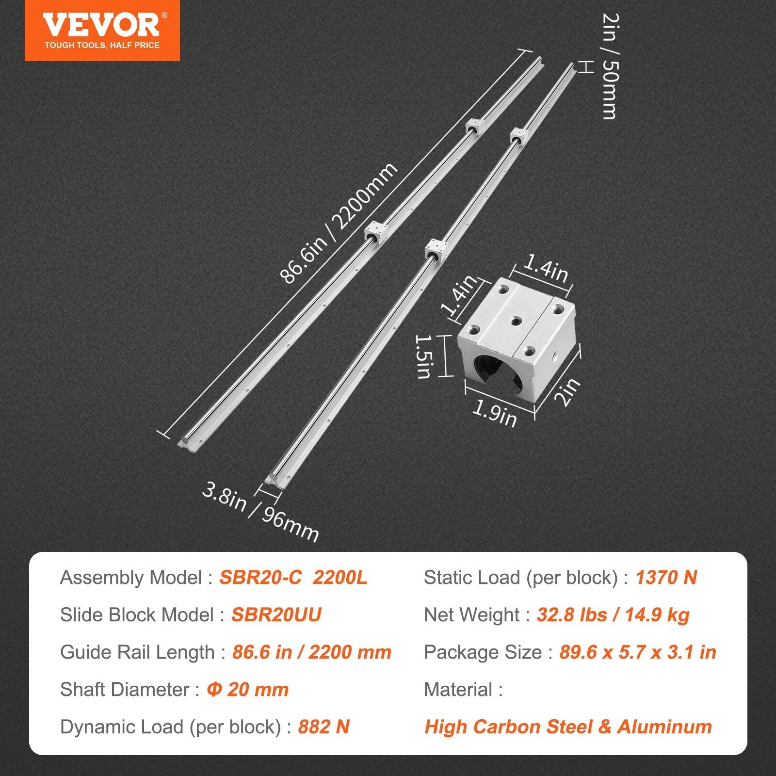 VEVOR Linear Guide Rail Set, SBR20 2200mm, 2 Pcs 86.6 in/2200 mm SBR20 Guide Rails and 4 Pcs SBR20UU Slide Blocks, Linear Rails