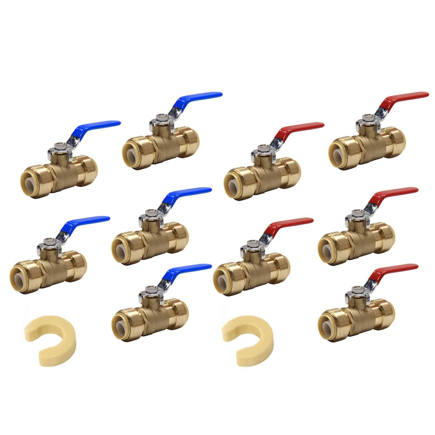 (Pack of 10) EFIELD 1/2 inch Push-Fit Full Port Ball Valve for Hot and Cold Water 5 Pieces Each with 2 Disconnect Clip Tools, UPC Certified