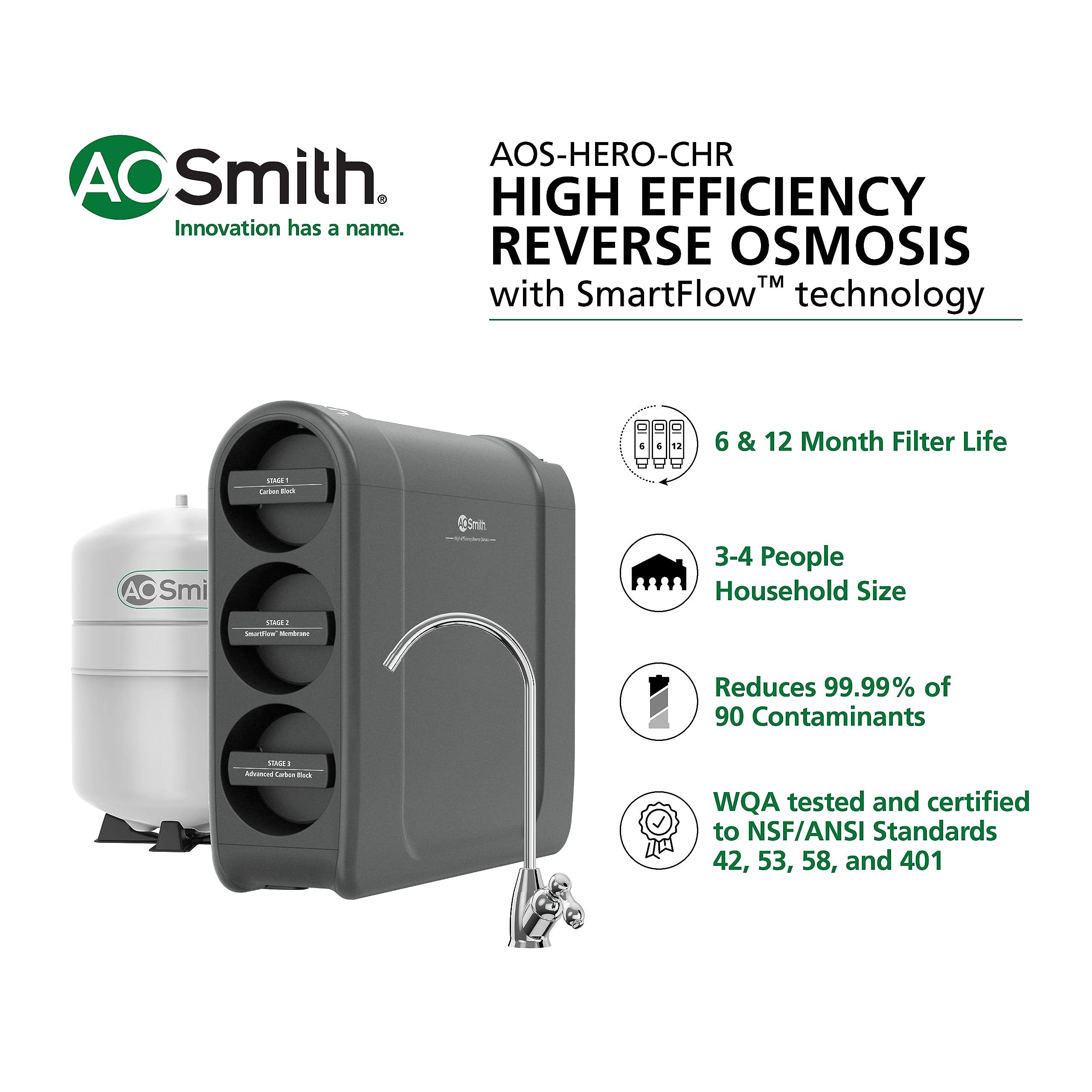 A.O. Smith High- Efficiency with SmartFlow Technology Mechanical Filtration Reverse Osmosis Filtration System in Chrome | AOS-HERO-CHR