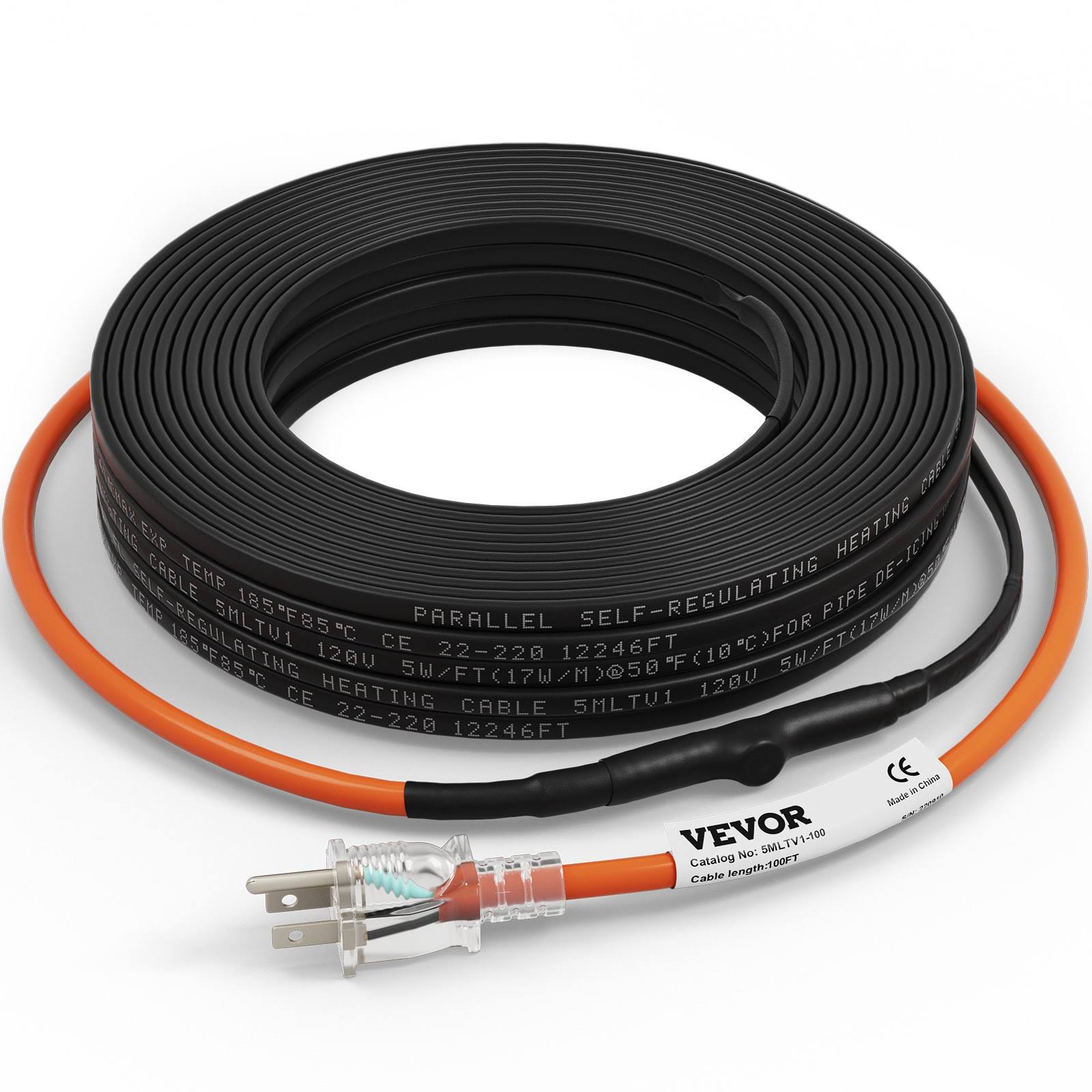 VEVOR Self-Regulating Pipe Heating Cable, 100-Feet 5W/ft Heat Tape for Pipes Freeze Protection, Protects PVC Hose, Metal and Plastic Pipe from