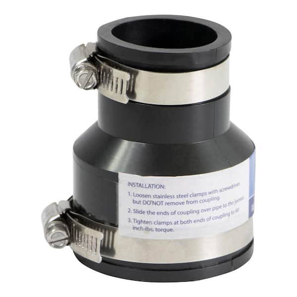 The Plumber's Choice 2 in. x 1-1/4 in. PVC Flexible Reducing Coupling with Stainless Steel Clamps, Black