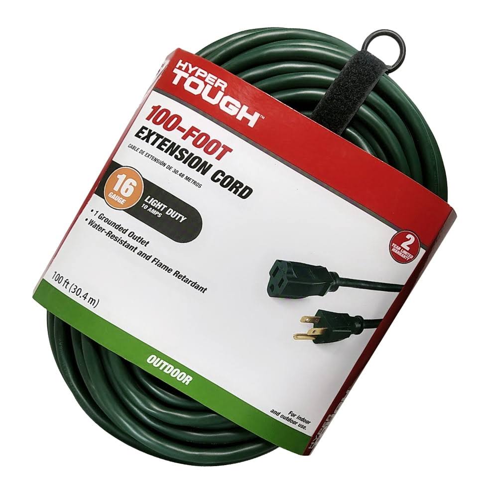 Hyper Tough 16AWG 3 Prong Single Outlet Outdoor Extension Cord- Green- 100 ft