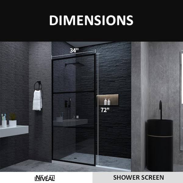 niveal Citron 34 in. W x 72 in. H Fixed Framed Shower Door in Matte Black Finish with Patterned Glass