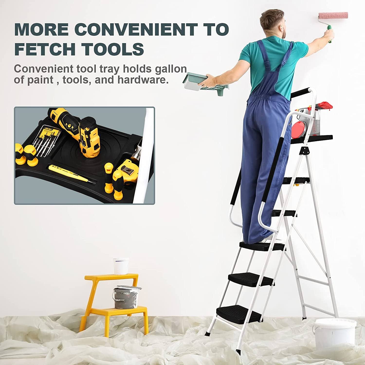 HBTower Folding 5-Step Ladder, 330lbs, with Handrails and Tool Tray An