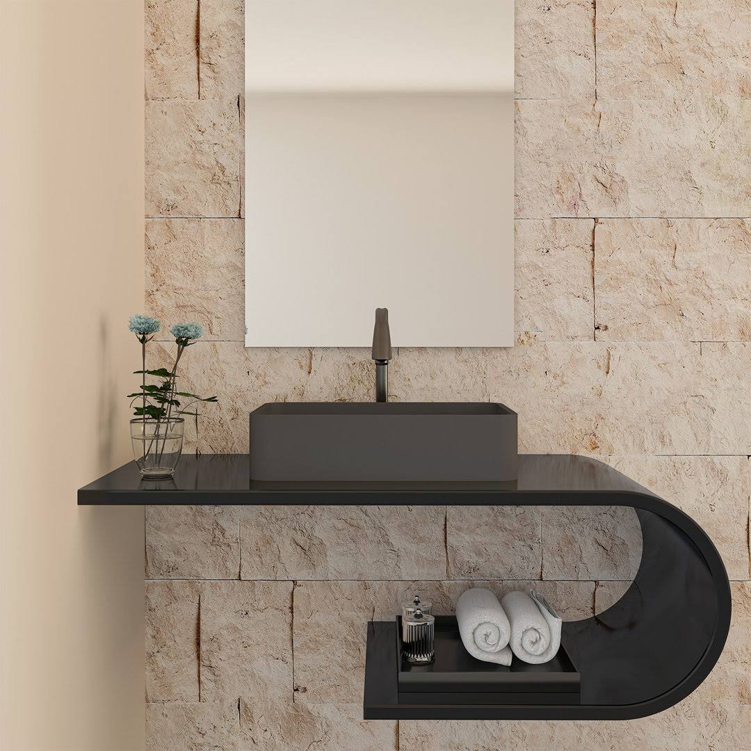 CASAINC Concrete Art Basin Rectangular Bathroom Vessel Sink in Black Earth with The Same Color Drainer