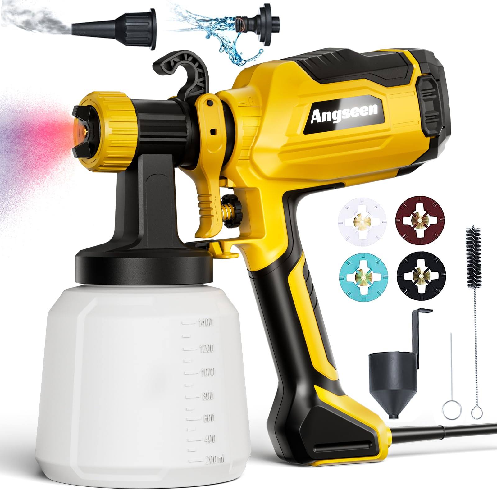 Angseen Paint Sprayer, HVLP Electric Paint Sprayer with 1400ml Container, 4 Copper Nozzles, 3 Spray Patterns for Home Interior and Exterior, House SPA8001