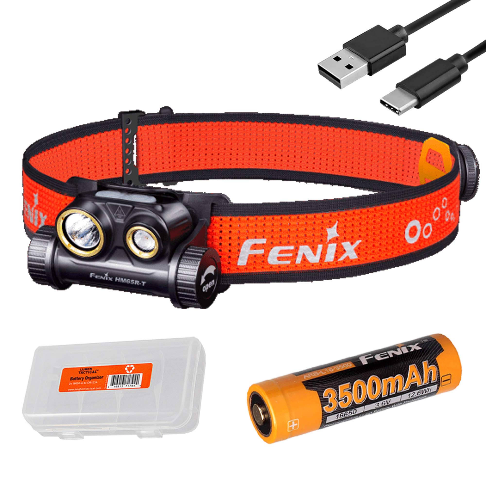 Fenix HM65R-T 1500 Lumen Spot & Flood Light USB-C Rechargeable HEADLAMP, Lightweight for Trail Running with LumenTac Battery Organizer