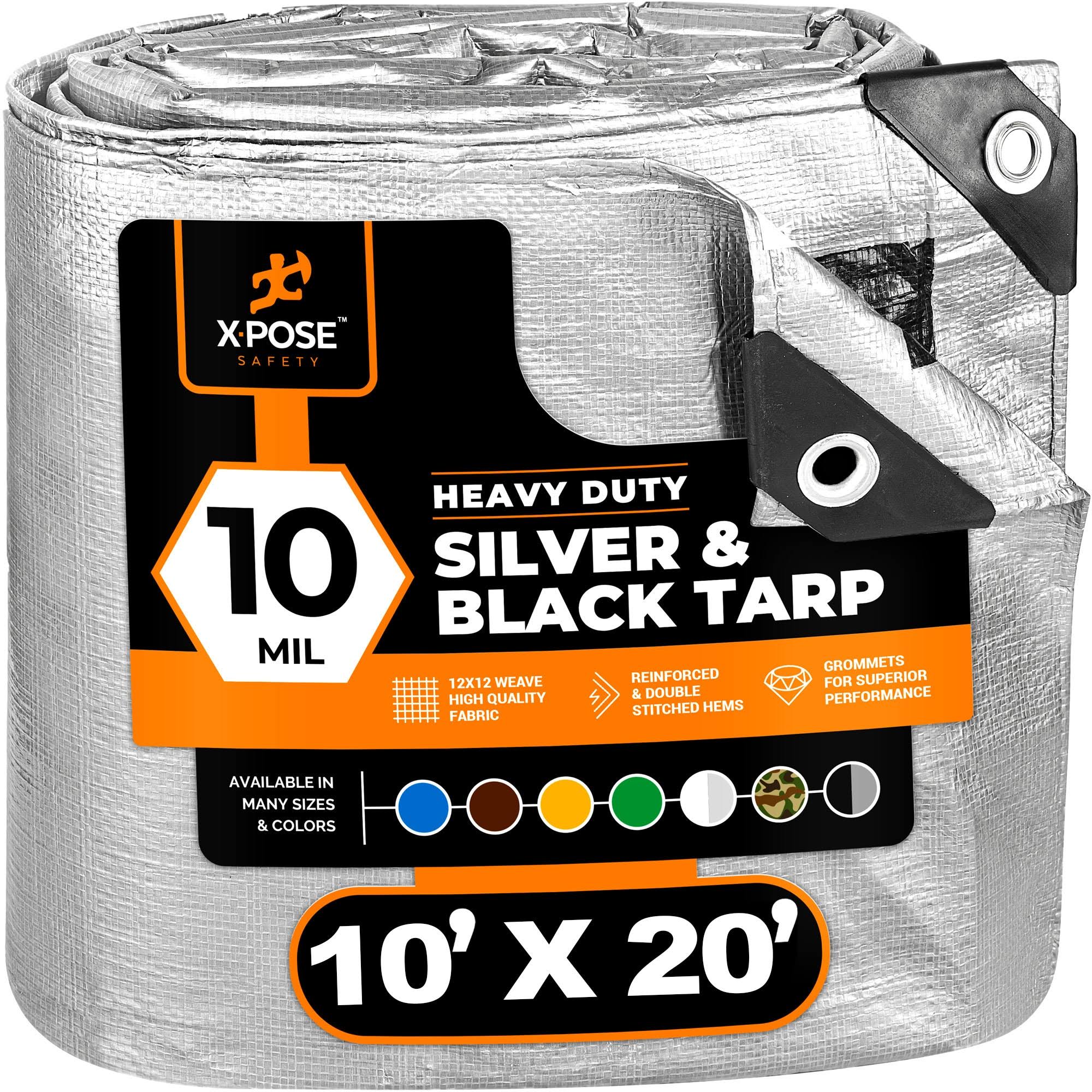 X-pose Safety Heavy Duty Poly Tarp- 10' x 20'- 10 Mil Thick Waterproof, UV Blocking Protective Cover- Reversible Silver and Black- Laminated