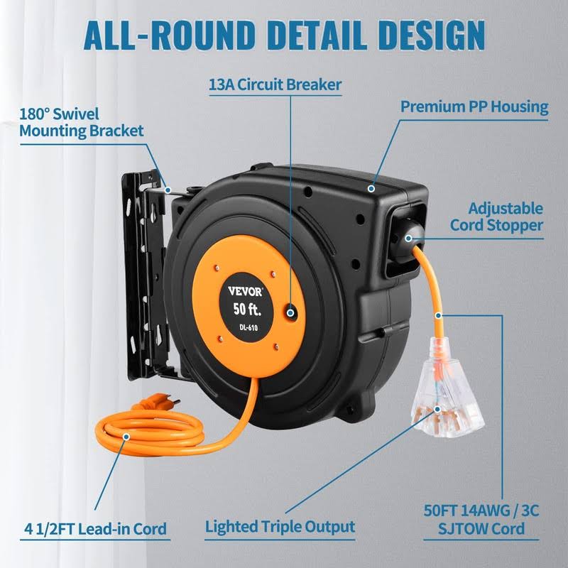 VEVOR Retractable Extension Cord Reel 50 ft Heavy Duty 14AWG/3C Sjtow Power Cord with Lighted Triple Tap Outlet, 13 Amp Circuit Breaker 180�� Swivel