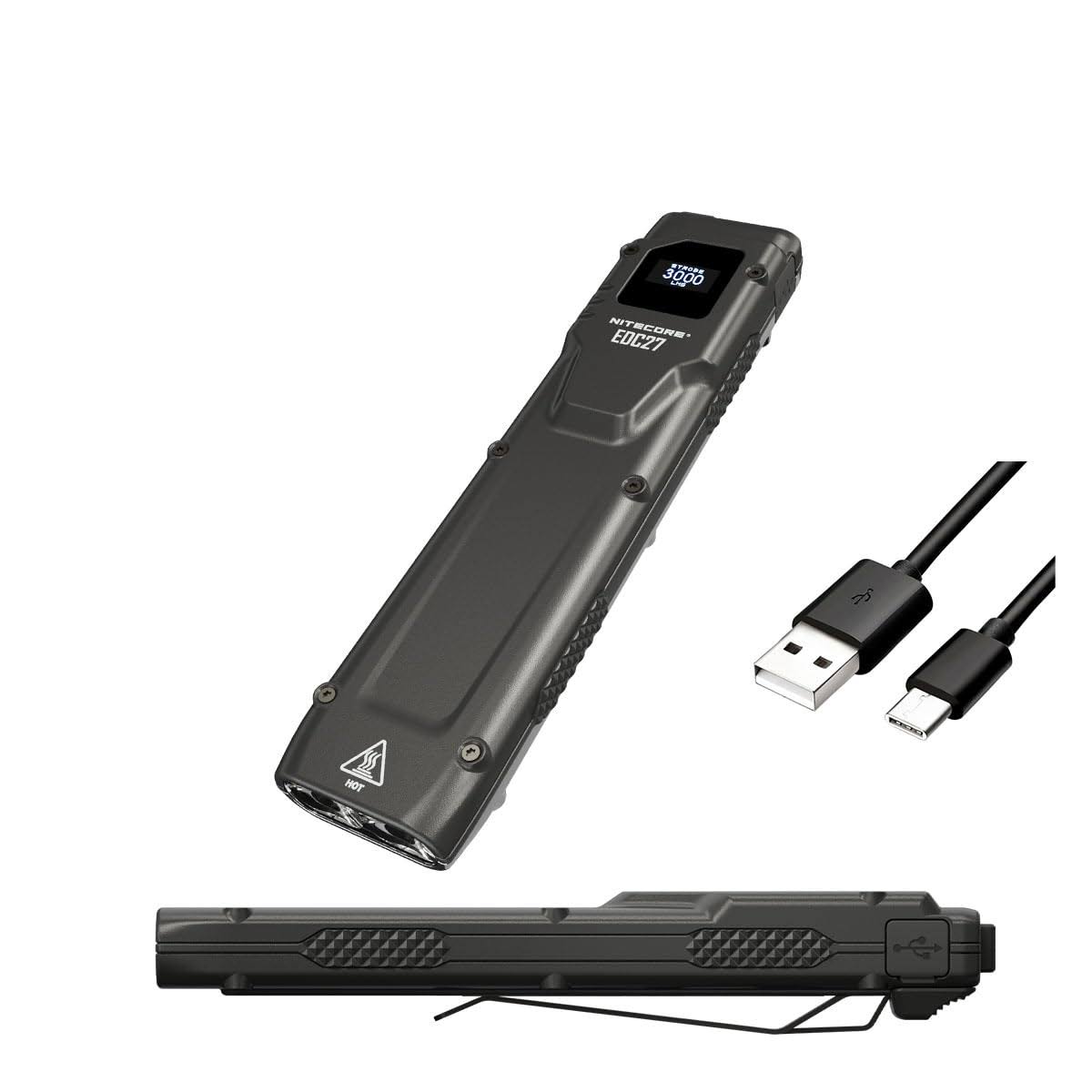 Nitecore EDC27 Every Day Carry Rechargeable Flashlight- 3000 Lumens w/Eco-Sensa USB-C Charging Cable