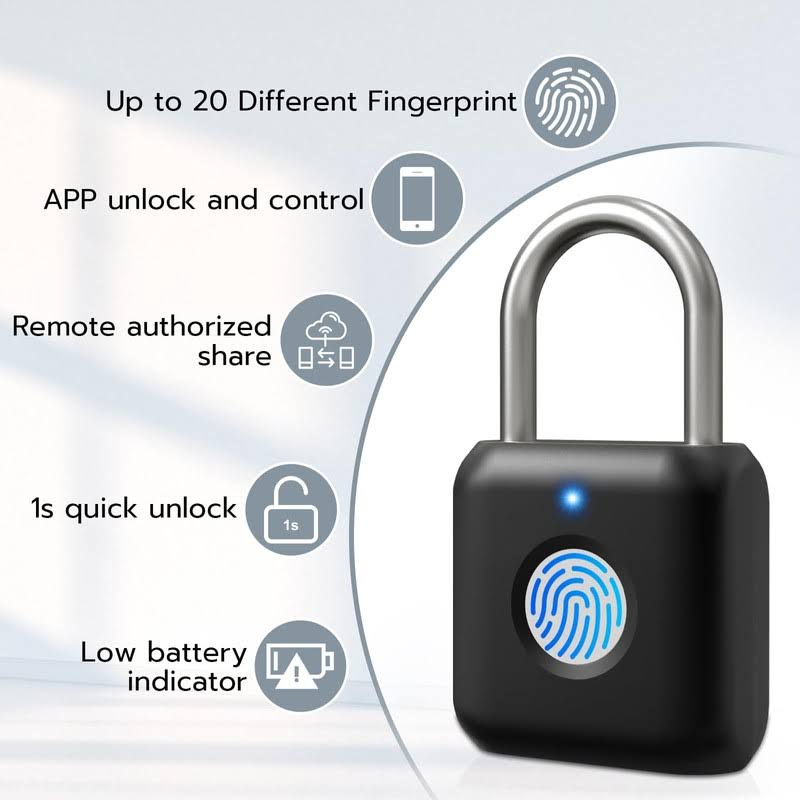 Fingerprint Padlock, Pothunder Padlock, Locker Lock, Combination Lock, Fingerprint Lock with App Unlock, USB Rechargeable, Suitable for Gym Locker,