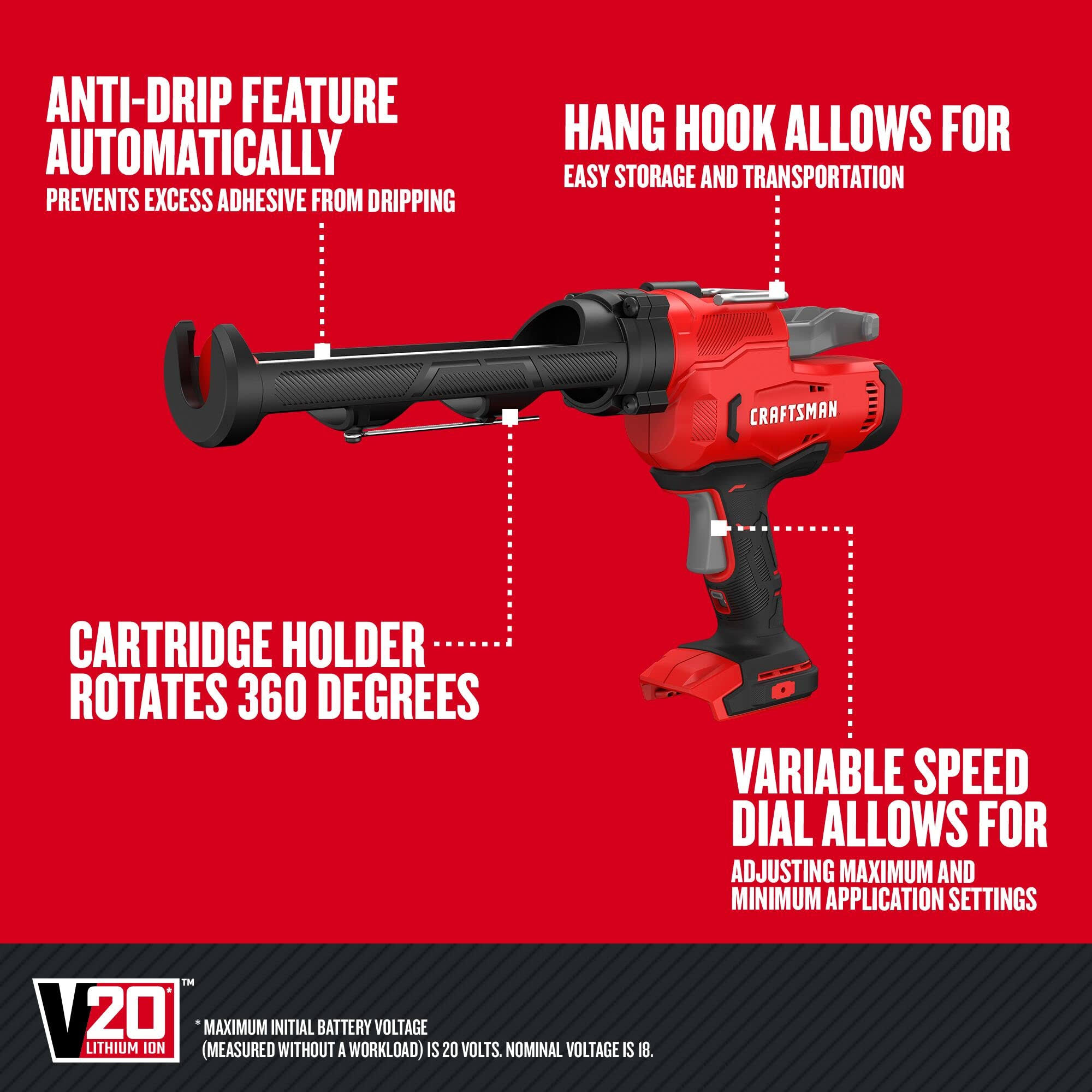 Craftsman V20 Caulk Gun Cordless with Anti-Drip and Variable Speed Tool Only (cmce600b)