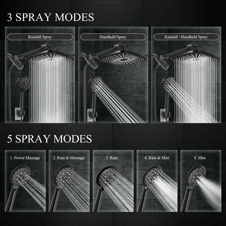 5-Setting High Pressure Shower Head, 12 inch Rain Shower Head with Handheld and Hose,Black