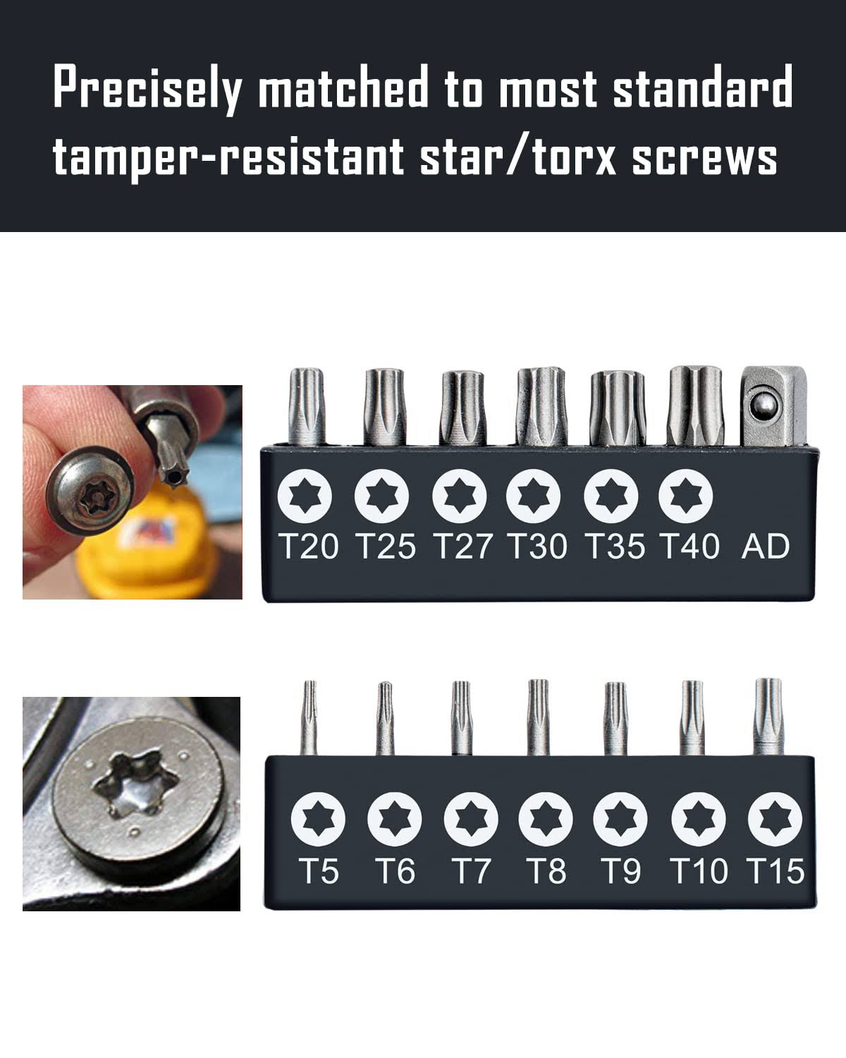 Rotation 14-Piece Tamper Resistant Star Bits, Chrome Vanadium Steel, T5- T40 Impact Grade Security Torx Bit Set, 1/4-Inch Hex Shank