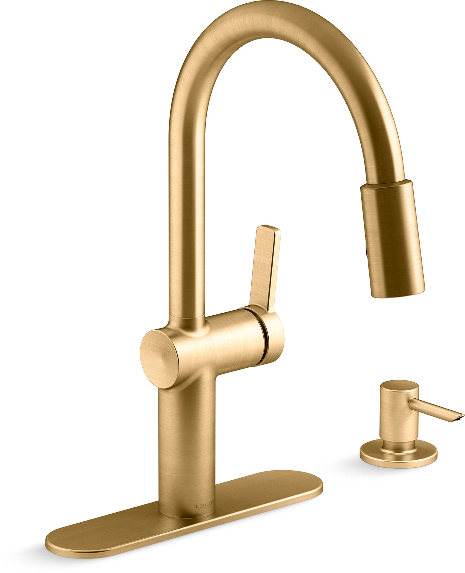 Kohler Koi Vibrant Brushed Moderne Brass Single Handle Pull-Down Kitchen Faucet with Deck Plate and Soap Dispenser Included | K-R22940-SD-2MB