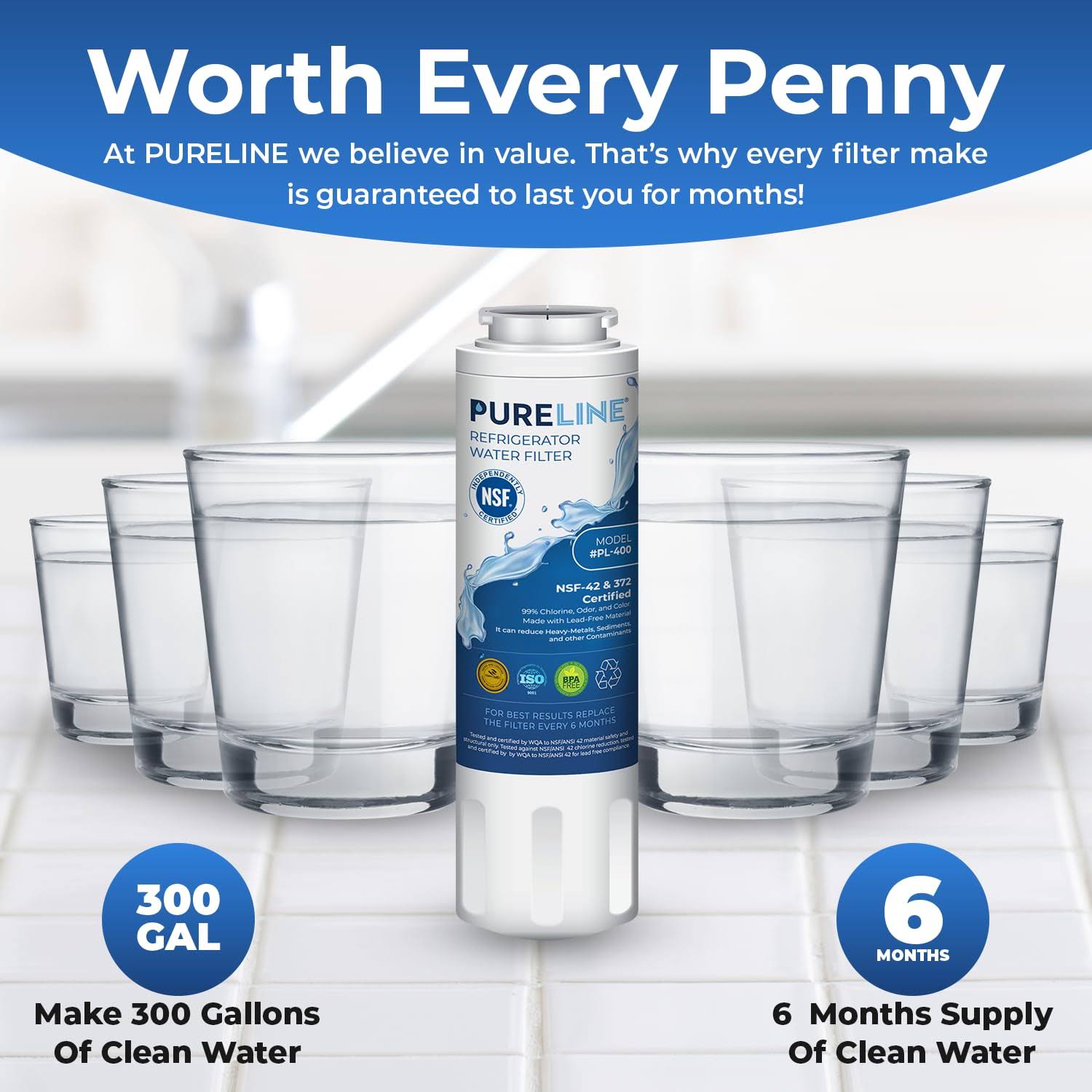 Pureline EDR4RXD1 Replacement for EveryDrop Filter 4, UKF8001, Ukf8001axx-750, UKF8001AXX-200, Maytag UKF8001, Whirlpool EDR4RXD1, 4396395, Kenmore