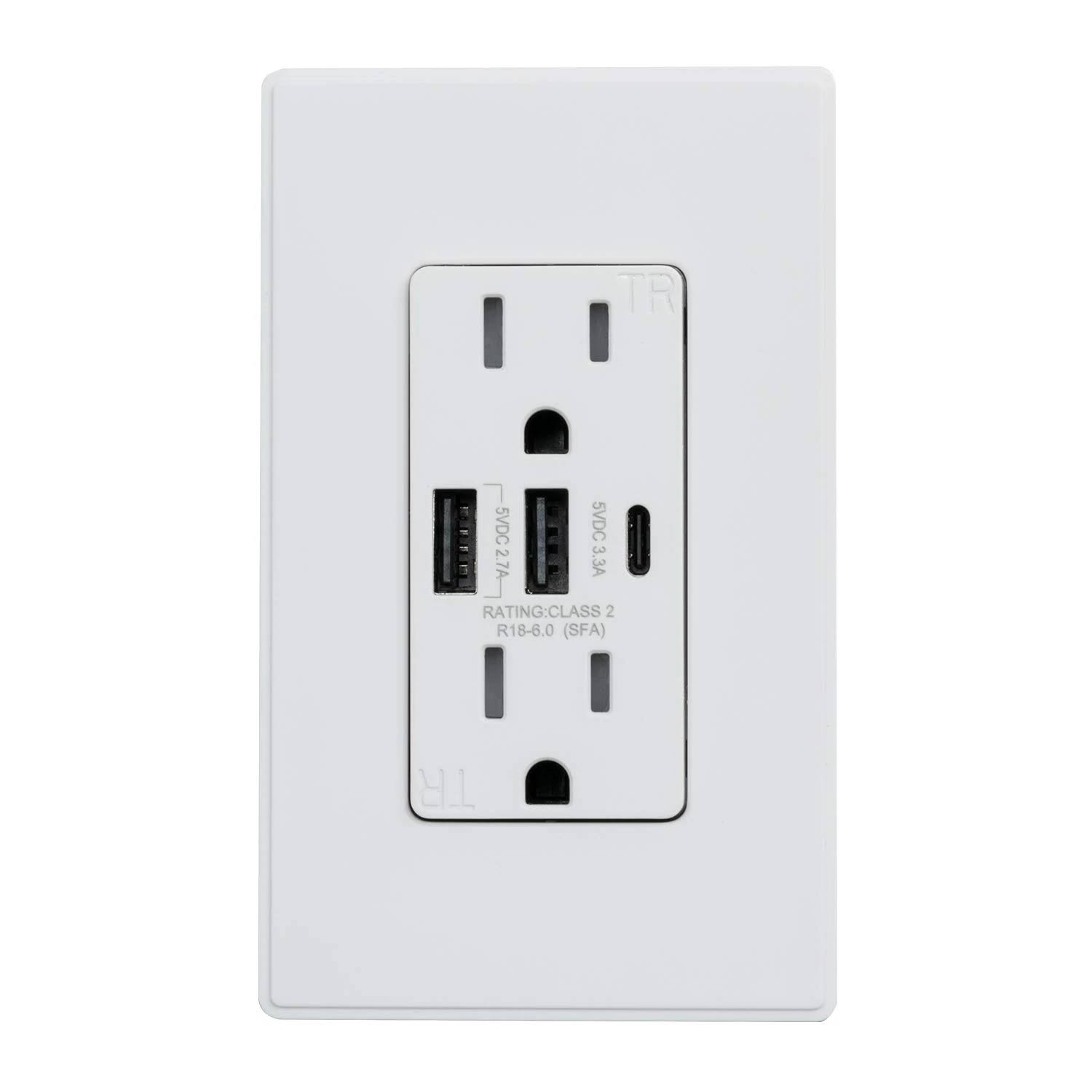 ELEGRP 30W 6.0 Amp 3-Port USB Wall Outlet 15 Amp Receptacle USB Type C
