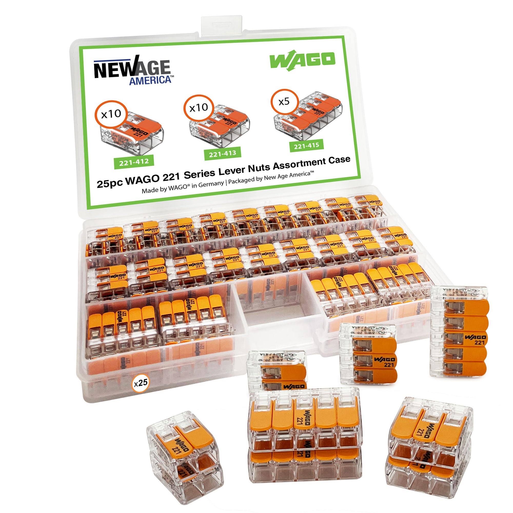 New Age America Wago 221 Series 25pc Compact Splicing Wire Connectors Assortment Pack | Includes (10x 221-412), (10x 221-413), (5x 221-415) | 221