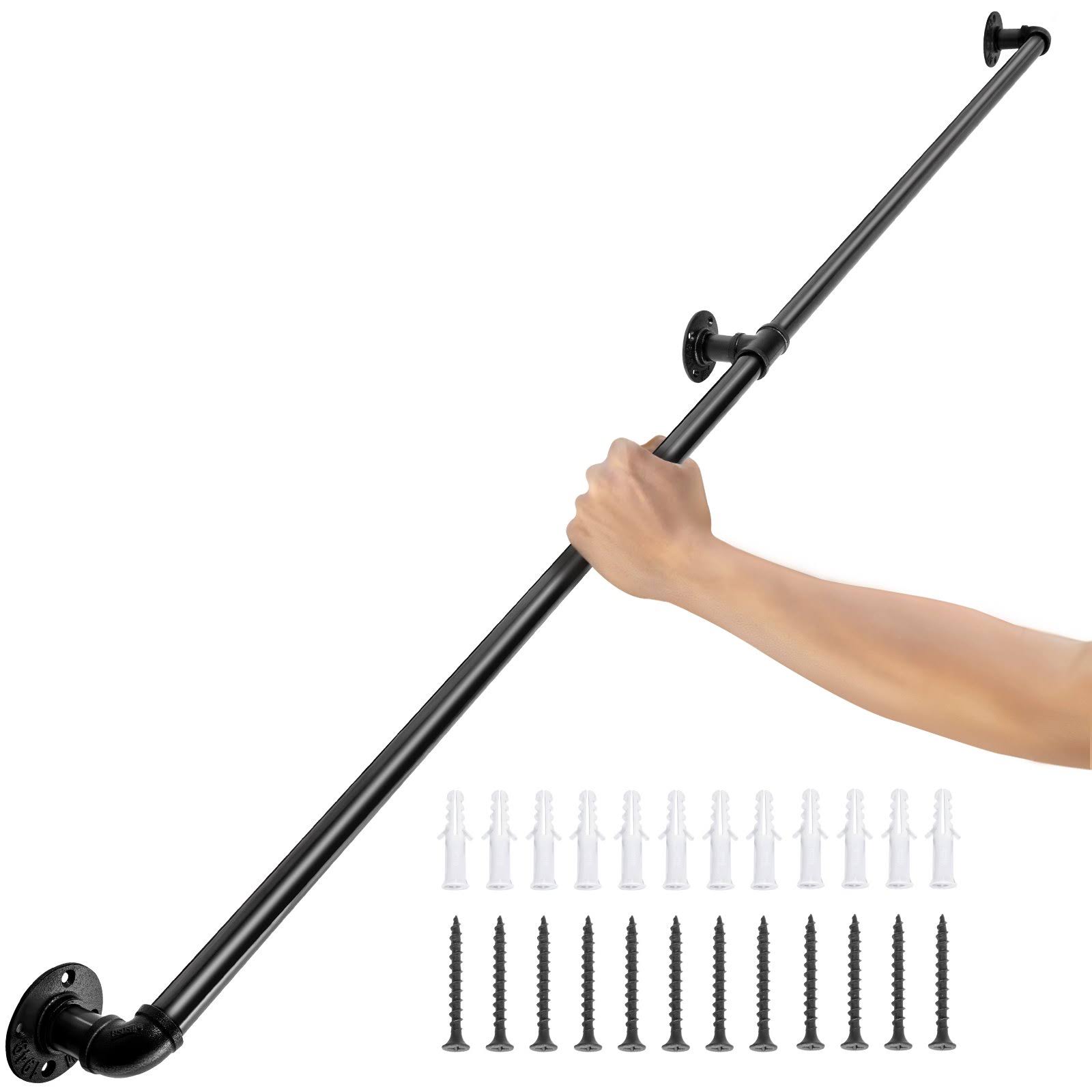 VEVOR Pipe Stair Handrail, 5ft Staircase Handrail, 440lbs Load Capacity Carbon Steel Pipe Handrail, Industrial Pipe Handrail with Wall Mount Support