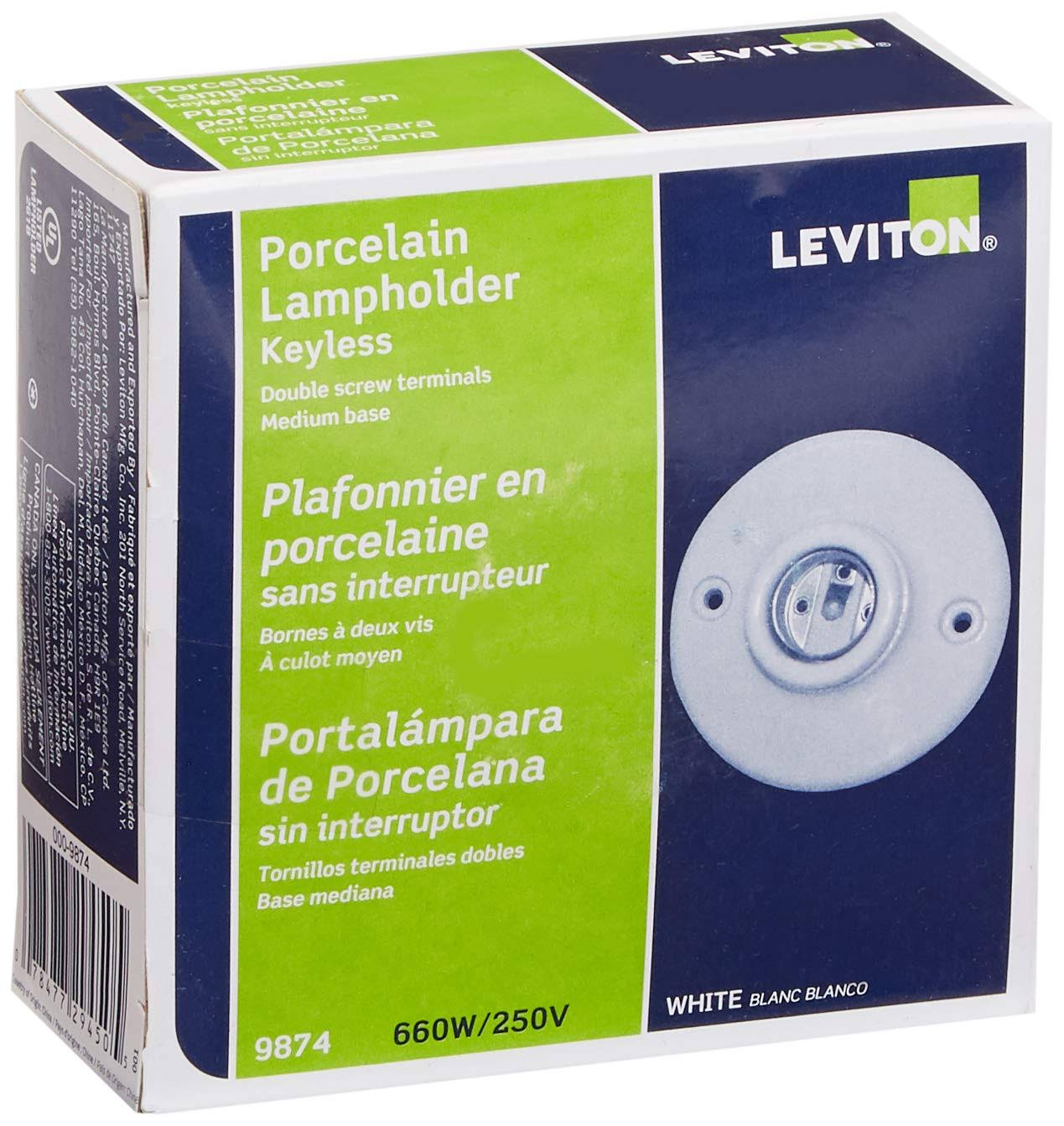 Leviton 9874 Porcelain Outlet Box Mount Incandescent Ceiling Lampholder Keyless White