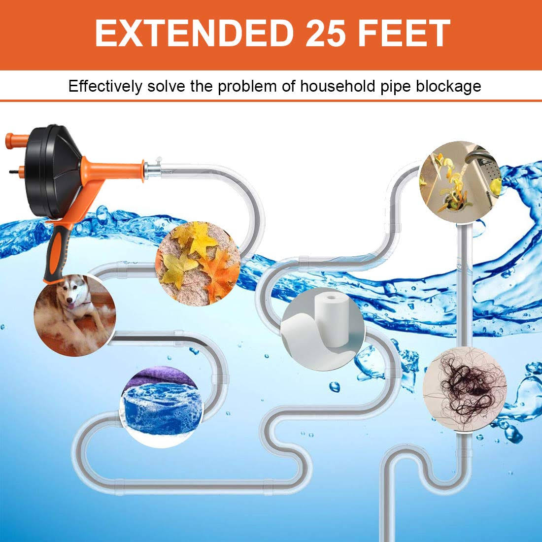 Drain Auger, Breezz Clog Remover with Drill Adapter, 25 Feet Heavy Duty Flexible Plumbing Snake Use manually or Powered for Kitchen,Bathrom and Shower