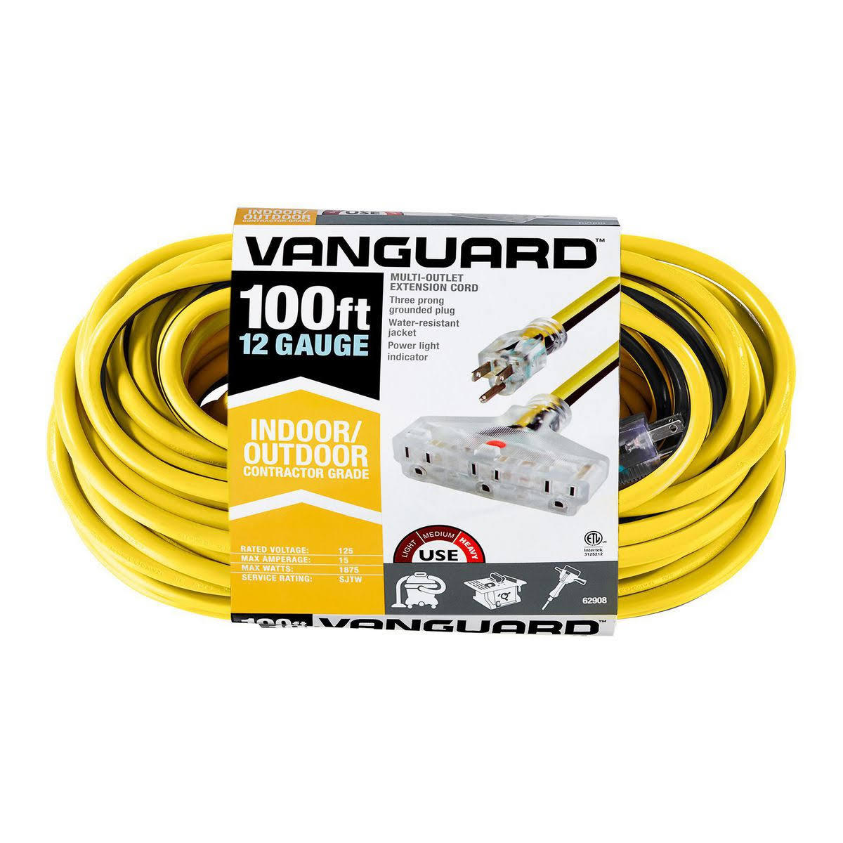 Vanguard 100 ft. x 12/3 Gauge Multiple Outlet Extension Cord with Indicator Light, Yellow/Black