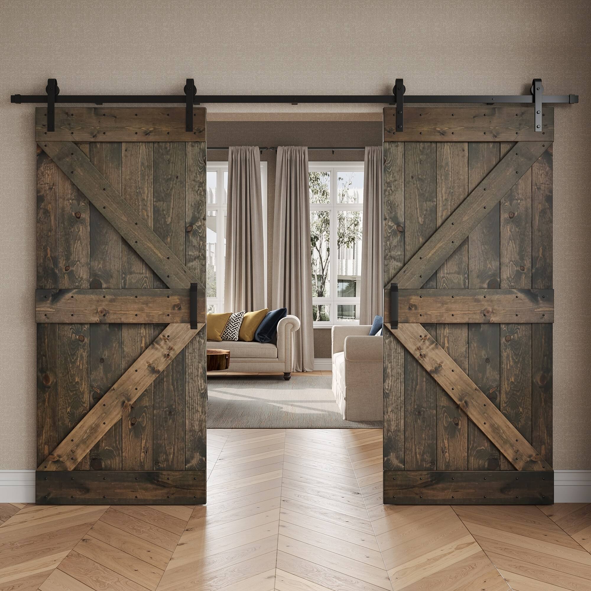 Coast Sequoia Inc K Series 76 in. x 84 in. Smoky Gray DIY Knotty Wood Double Sliding Barn Door with Hardware Kit