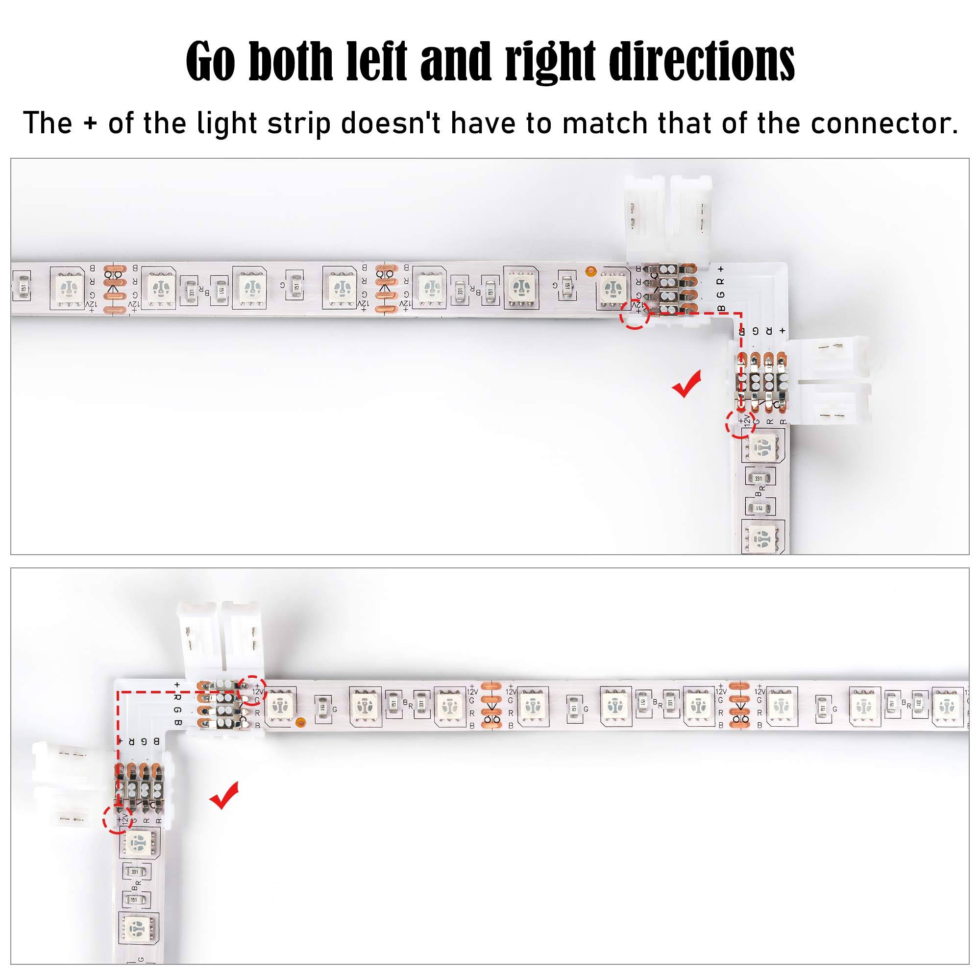 JACKYLED 10pcs LED Strip Connectors L Shape 4-Pin with 22pcs Connector Clips, 10mm Wide RGB Splitter Right Angle Corner Connector Solderless Gapless