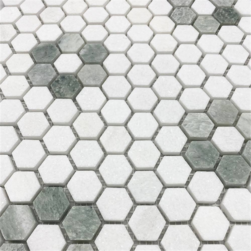 Rosette Hexagon Thassos White Ming Green Marble Mosaic Tile Honed