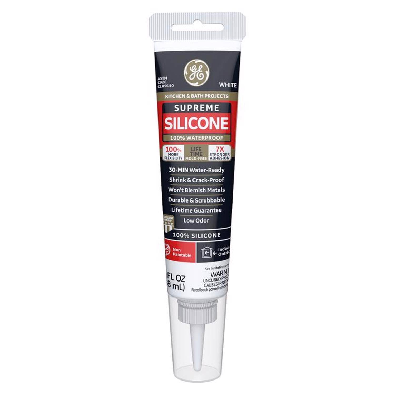 GE Supreme Silicone Kitchen & Bath Sealant- Squeeze, White, 2.8 oz.