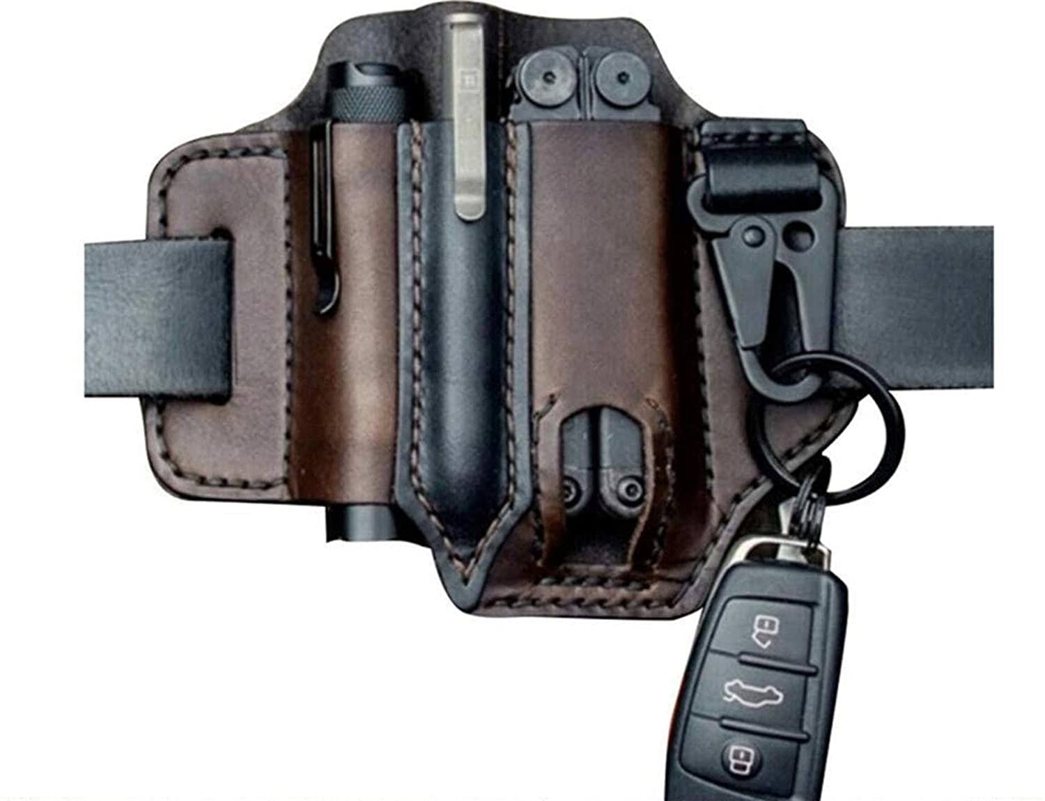 WallDecalsAndArt Multitool Sheath for Belt, Leather EDC Pocket Organizer for Men, Leatherman Sheath with Pen Holder, Key Fob, Flashlight Sheath, EDC