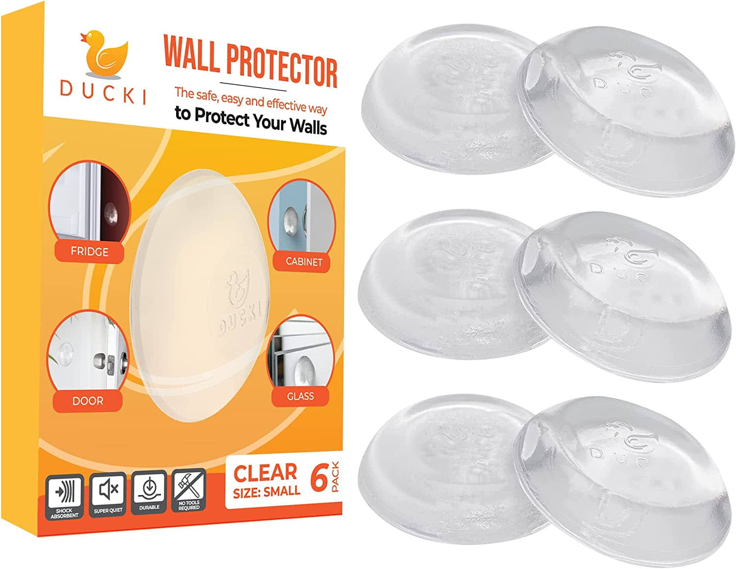 Ducki Wall Protectors- 6 Pack Clear- Self Adhesive, Reusable Solution for Stopping Wall Damage & Noise from Doors, Refrigerators & More in Your