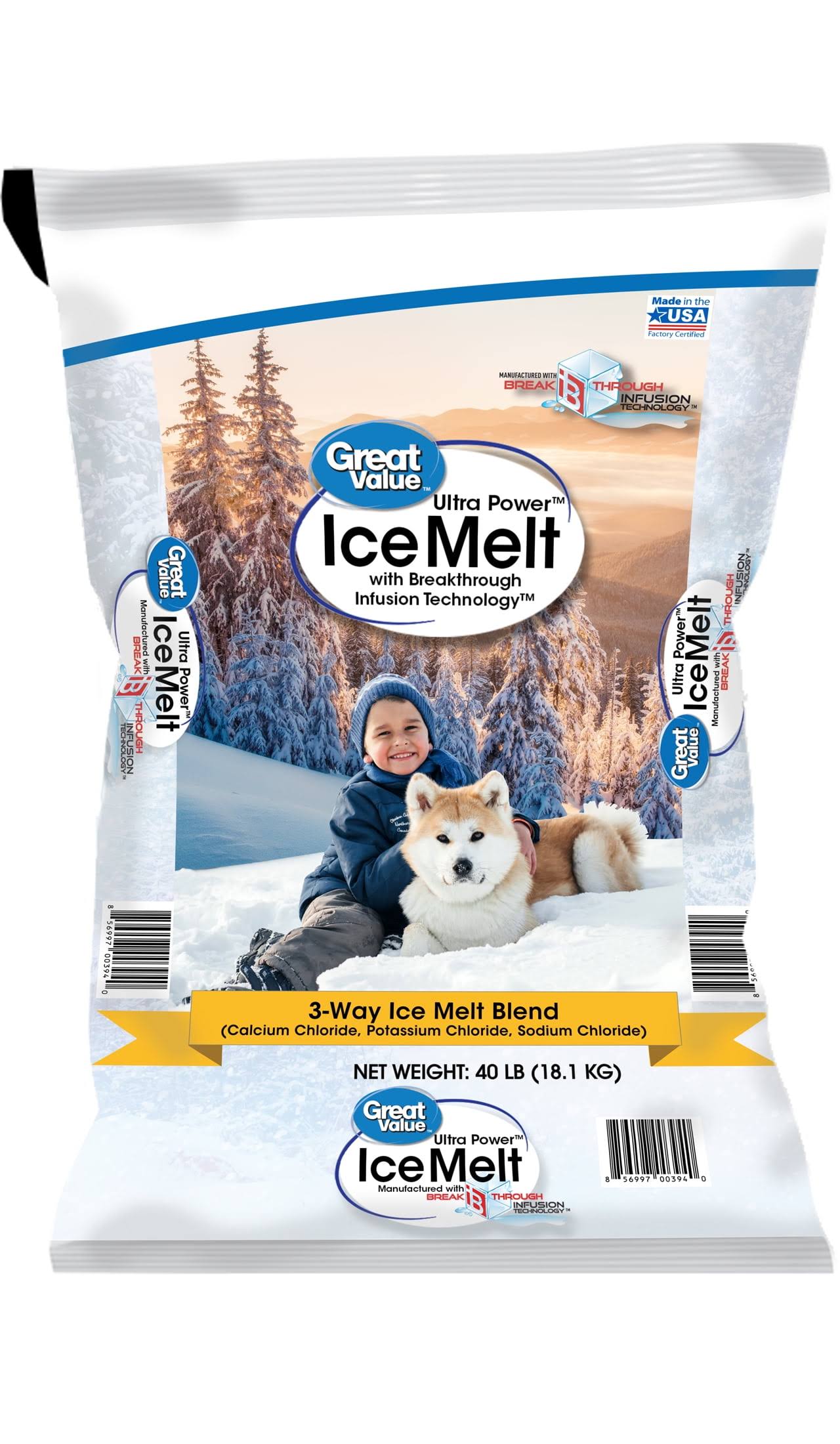 Great Value Ultra Power Ice Melt 40 lb Infused w/Calcium and Potassium Chloride, Corrosion Inhibitor, Anti-Caking & Dye