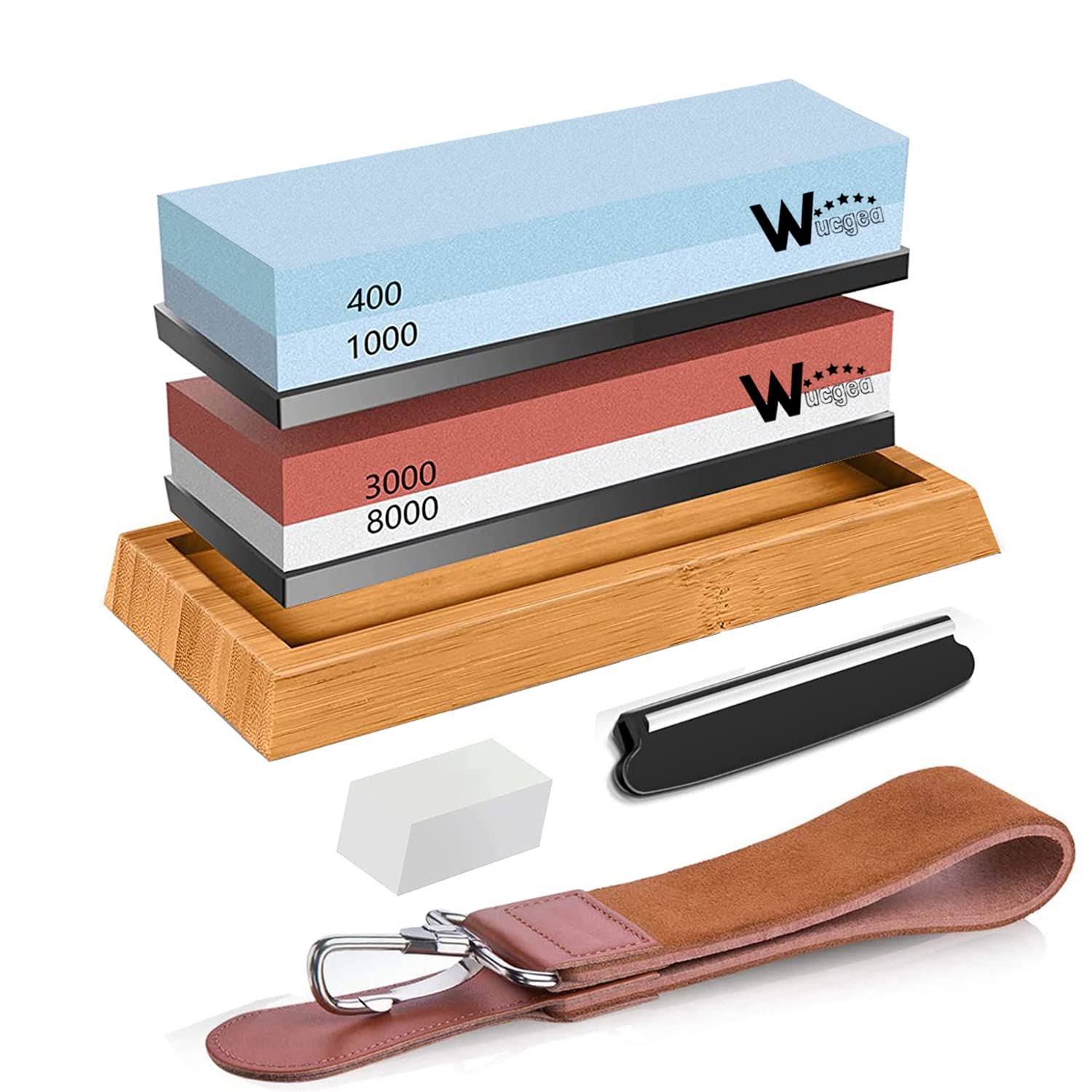 wucgea Knife Sharpening Stone Kit- 400/1000 3000/8000 Grit Japanese Whetstone Sharpener Set with Non-Slip Rubber Base Angle Guide Flattening Stone