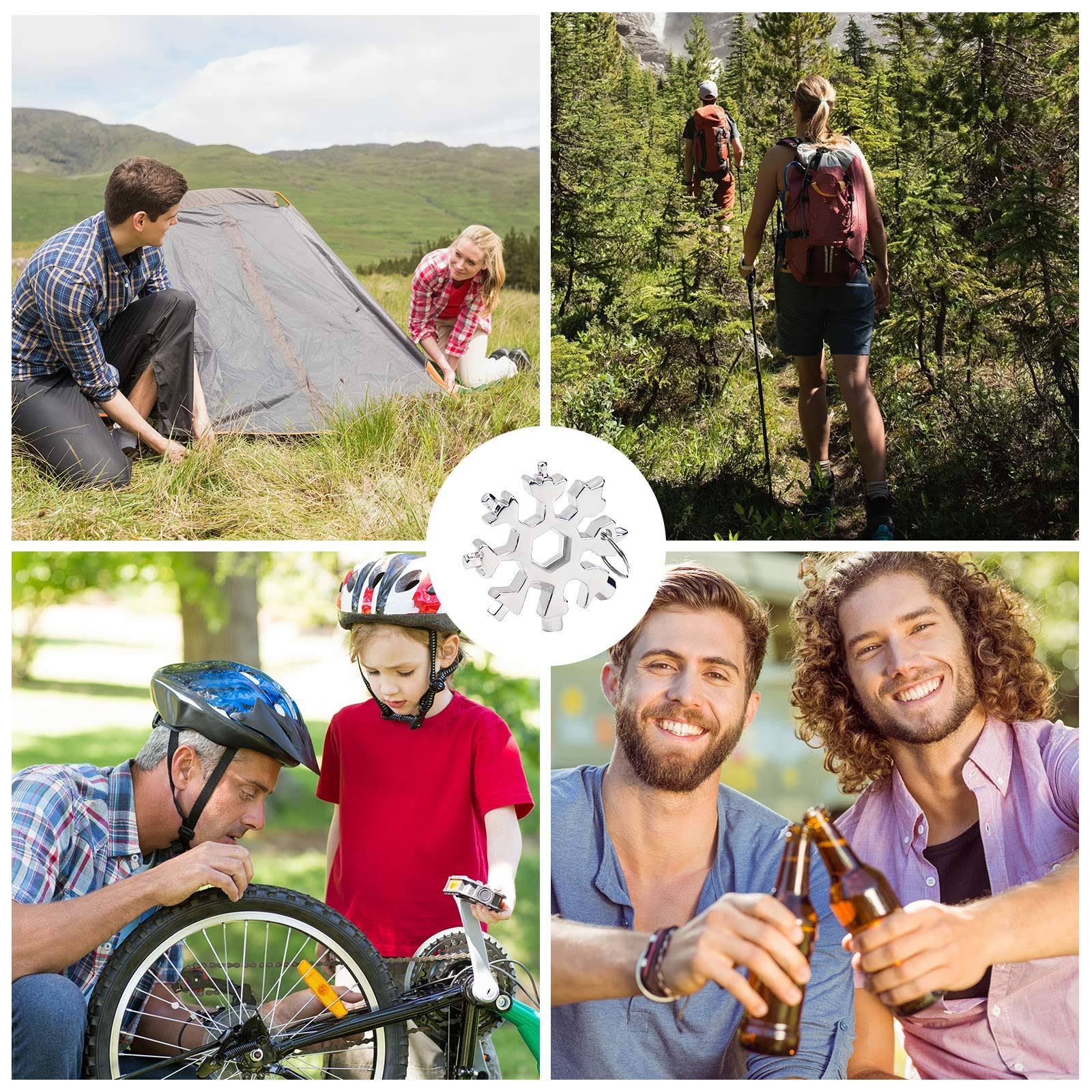 18-in-1 Snowflake Multi Tool, 4 Pack Stainless Steel Snowflake Bottle Opener/Flat Phillips Screwdriver Kit/Wrench, Durable and Portable to Take