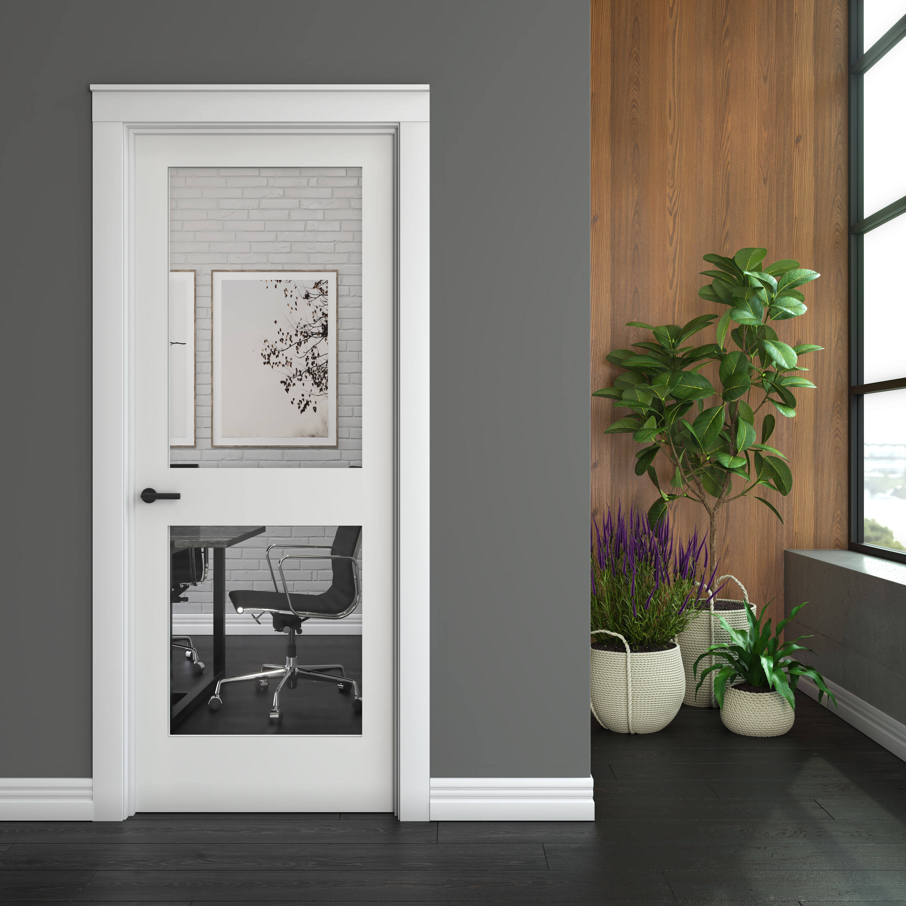 EightDoors 36 in. x 80 in. x 1-3/8 in. 2-Lite Solid Core Clear Glass Shaker White Primed Wood Interior Door Slab