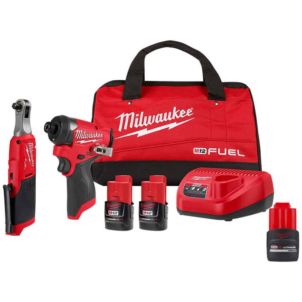 Milwaukee M12 Fuel 12V Lithium-Ion Cordless 3/8 in. Ratchet and 1/4 in. Impact Driver Combo Kit w/High Output 2.5 Ah Battery