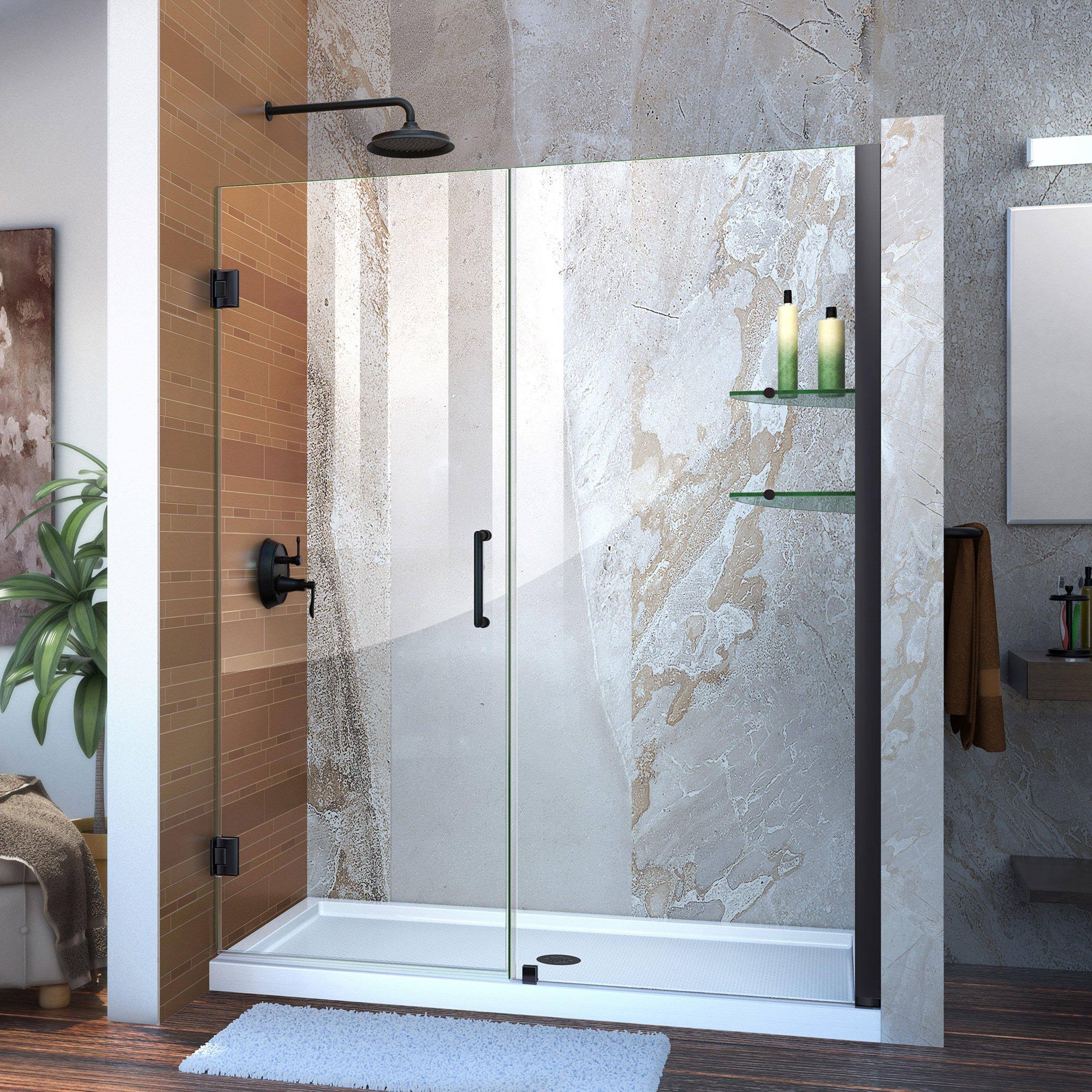 DreamLine SHDR-20577210S-09 Unidoor 57-58 in. W x 72 in. H Frameless Hinged Shower Door with Shelves Satin Black
