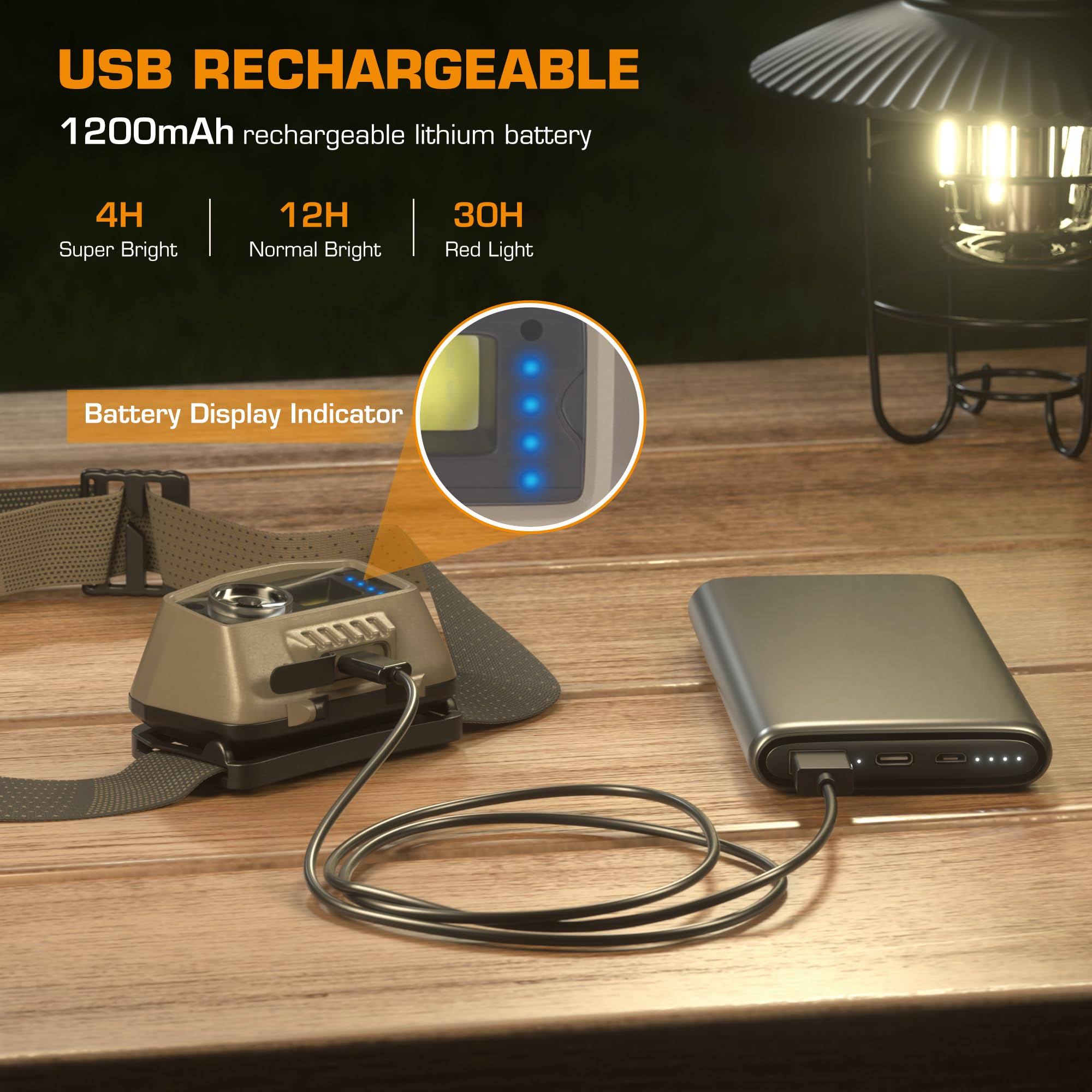 Everbrite Rechargeable LED HEADLAMP, Waterproof, Adjustable, 9 Modes, Motion Sensor, Battery Indicator, Khaki