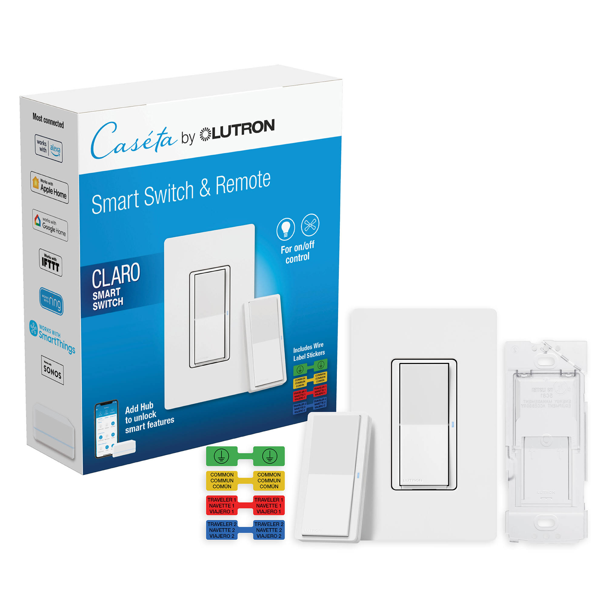 Lutron Claro Smart Switch 3-Way Kit with Pico Paddle Remote | DVRF-PKG1S-WH | White