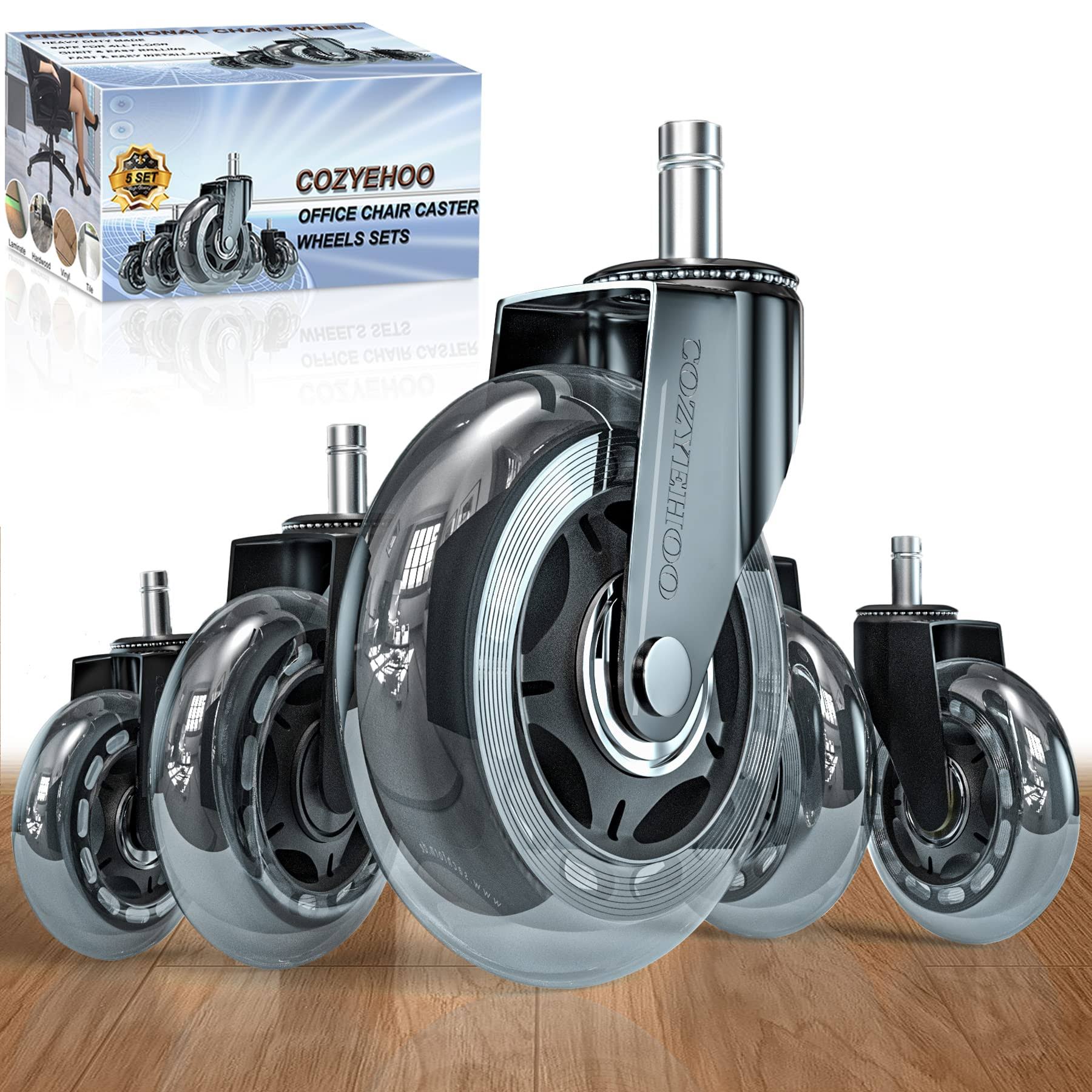 COZYEHOO Office Chair Wheels, Heavy-Duty Caster Wheels 3 inch, Replacement Wheels for Office Chair, Rubber Casters for Wood Floors/Carpet, Safe Quiet