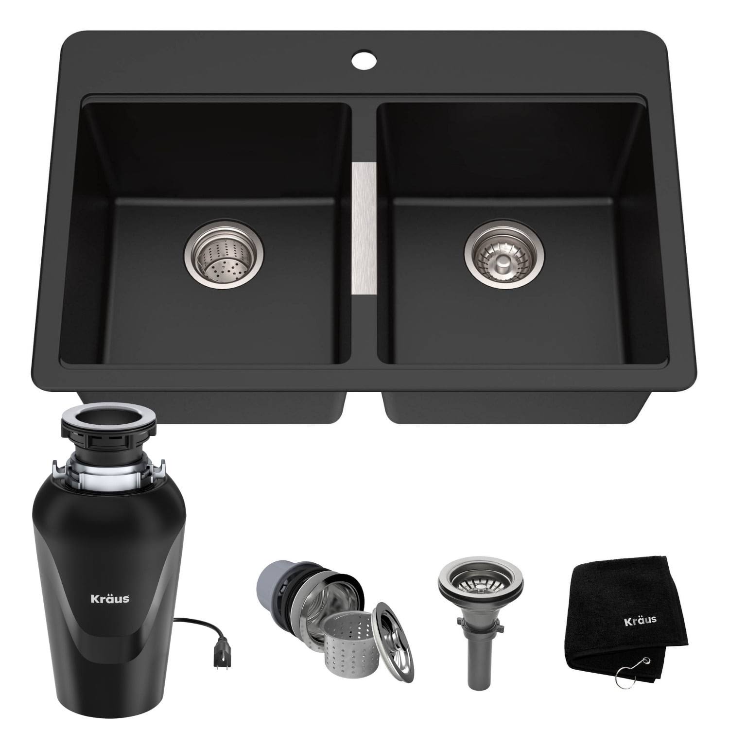 Kraus Quarza 33 inch Dual Mount Double Bowl Kitchen Sink with WasteGuard Garbage Disposal, Black Onyx KGD-433B-100-75MB