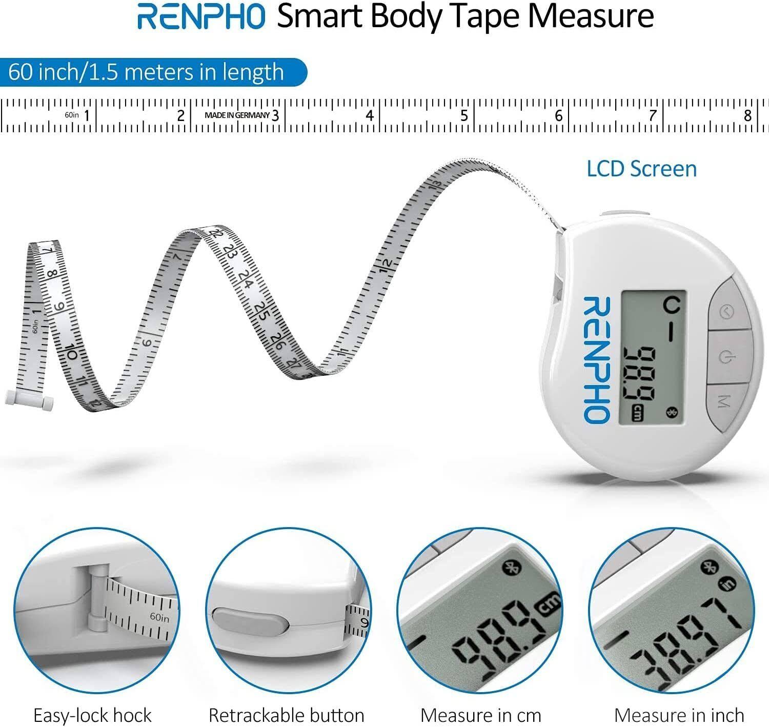 RENPHO Smart Tape Measure Body with App, Bluetooth Measuring Tapes for Body, Weight Loss, Muscle Gain, Fitness Bodybuilding, Retractable, Measures