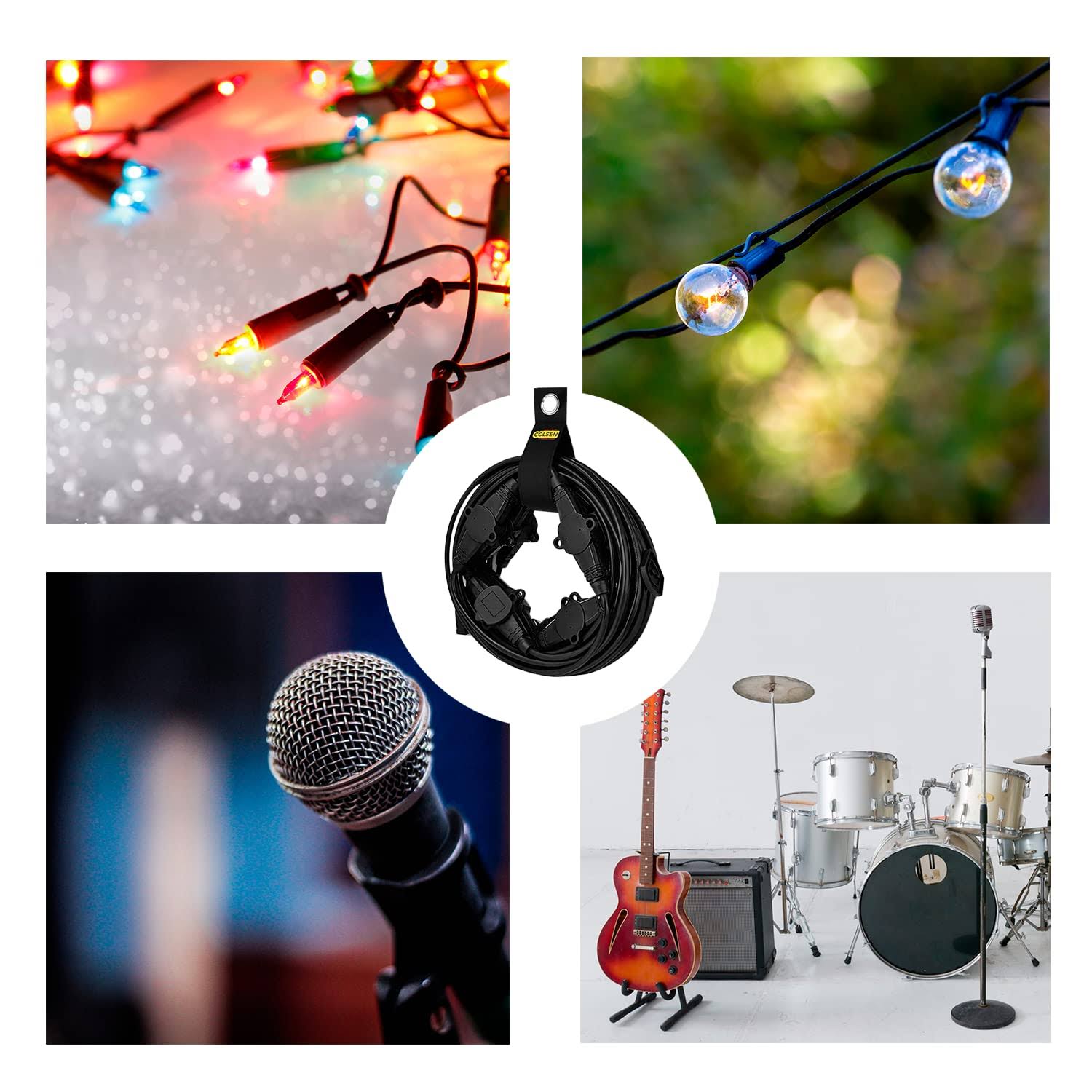 Colsen 50ft Power Extension Cord 3 Prong, 11 NEMA 5-15R Female Socket- Red LED Indicator, 14 Gauge SJTW Cable Male to Female Connector, Stage